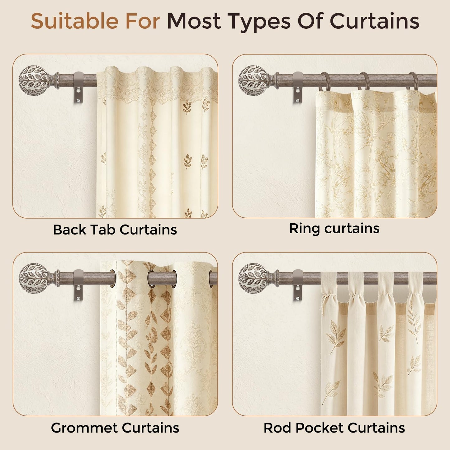 Curtain Rod 36-91 Inch, Boho Wood 1 Inch Curtain Rods for Windows