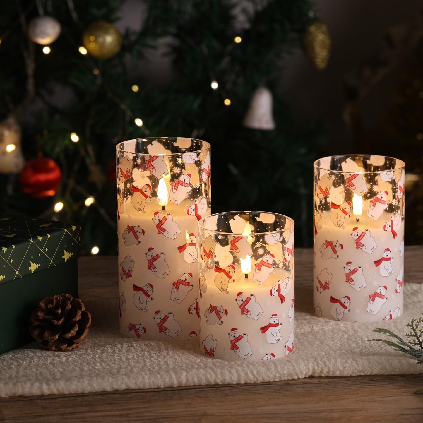 Eywamage Gold Glass Flameless Pillar Candles with Remote, Flickering Fall LED Candles Battery Operated Set of 3