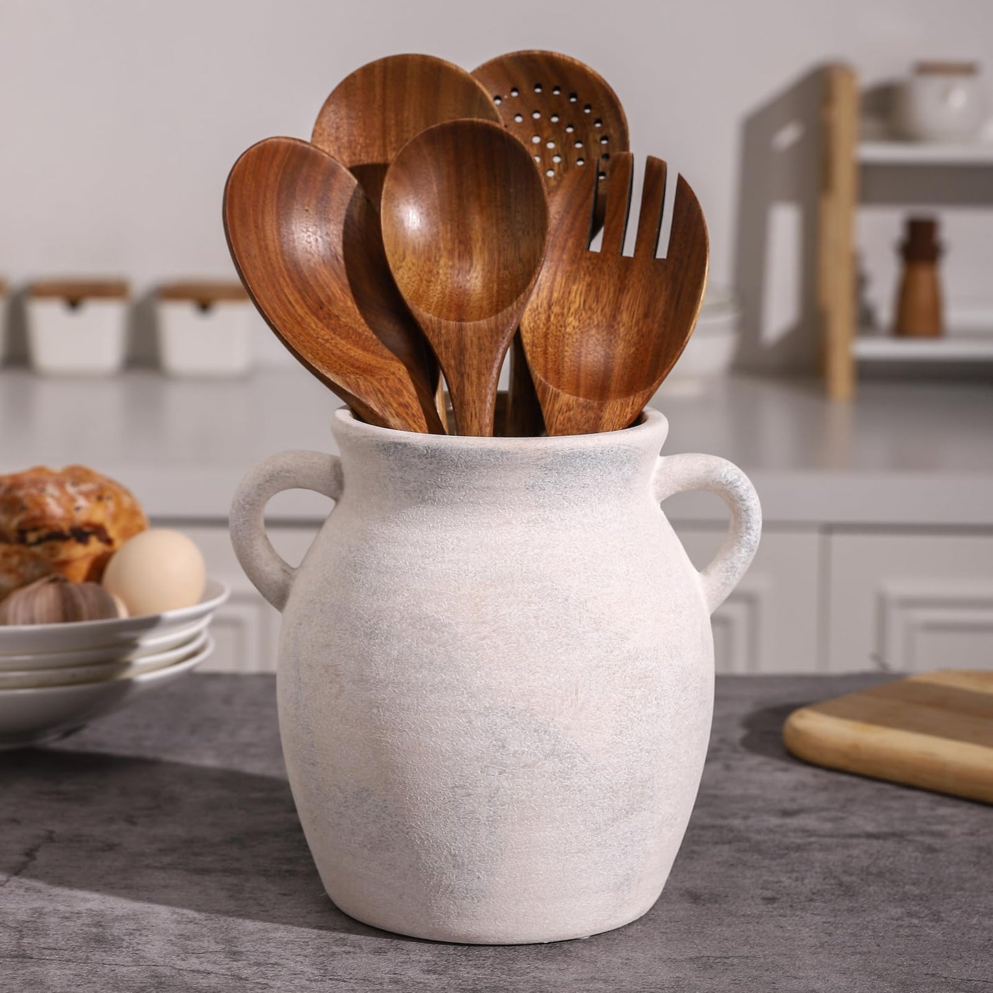Ceramic Farmhouse Kitchen Utensil Holder for Countertop, Rustic Cooking Utensil Holder Crock Fit for Kitchen Counter.