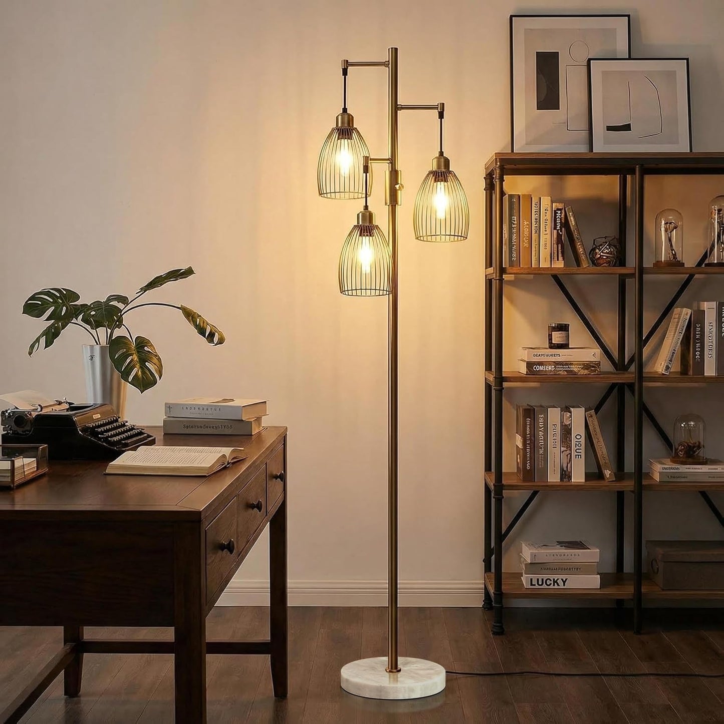 Dimmable Floor Lamp, Industrial Floor Lamps for Living Room, Gold Tree Lamp Standing Lamp Tall Lamps with 3 Elegant Teardrop Cage Head & 800 Lumens LED Bulbs for Living room Bedroom Office Dining Room