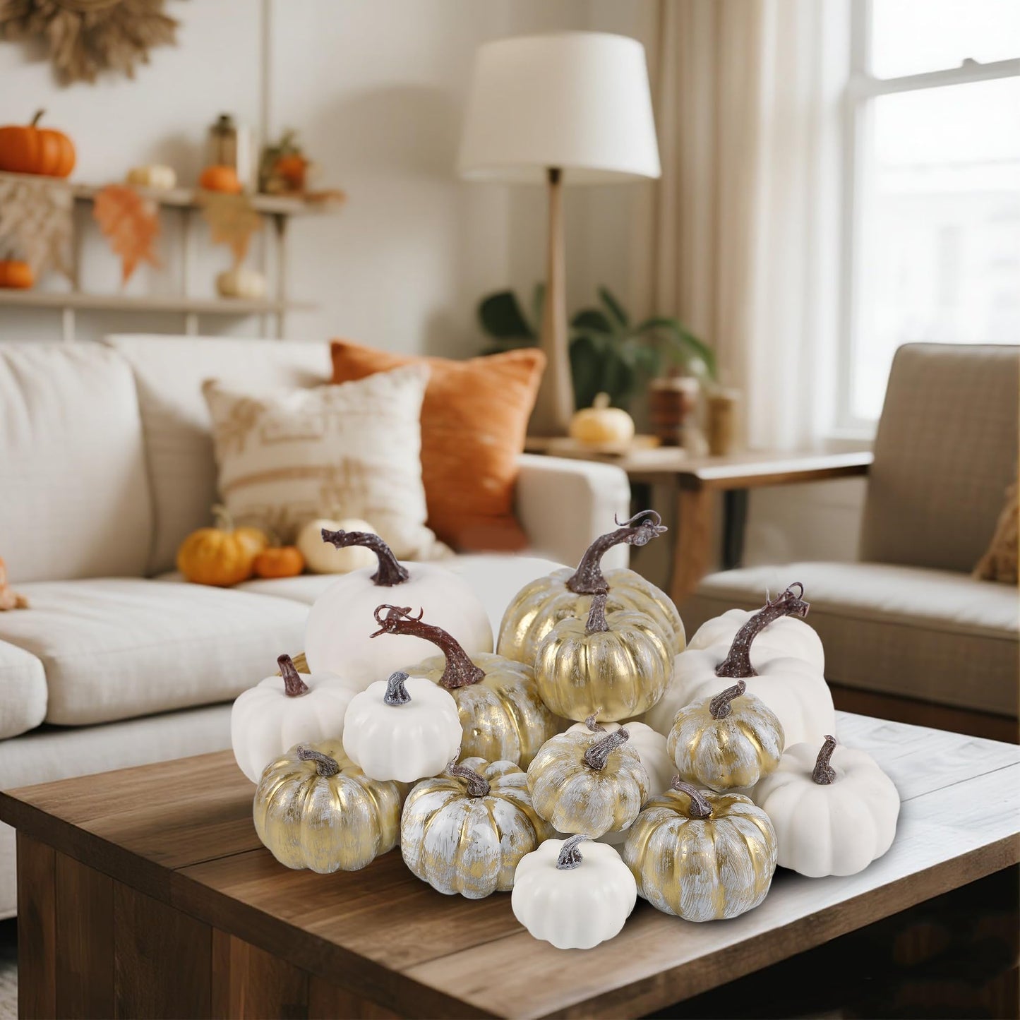 winemana 12 Pcs Pumpkin Fall Decorations, Golden Artificial Pumpkins