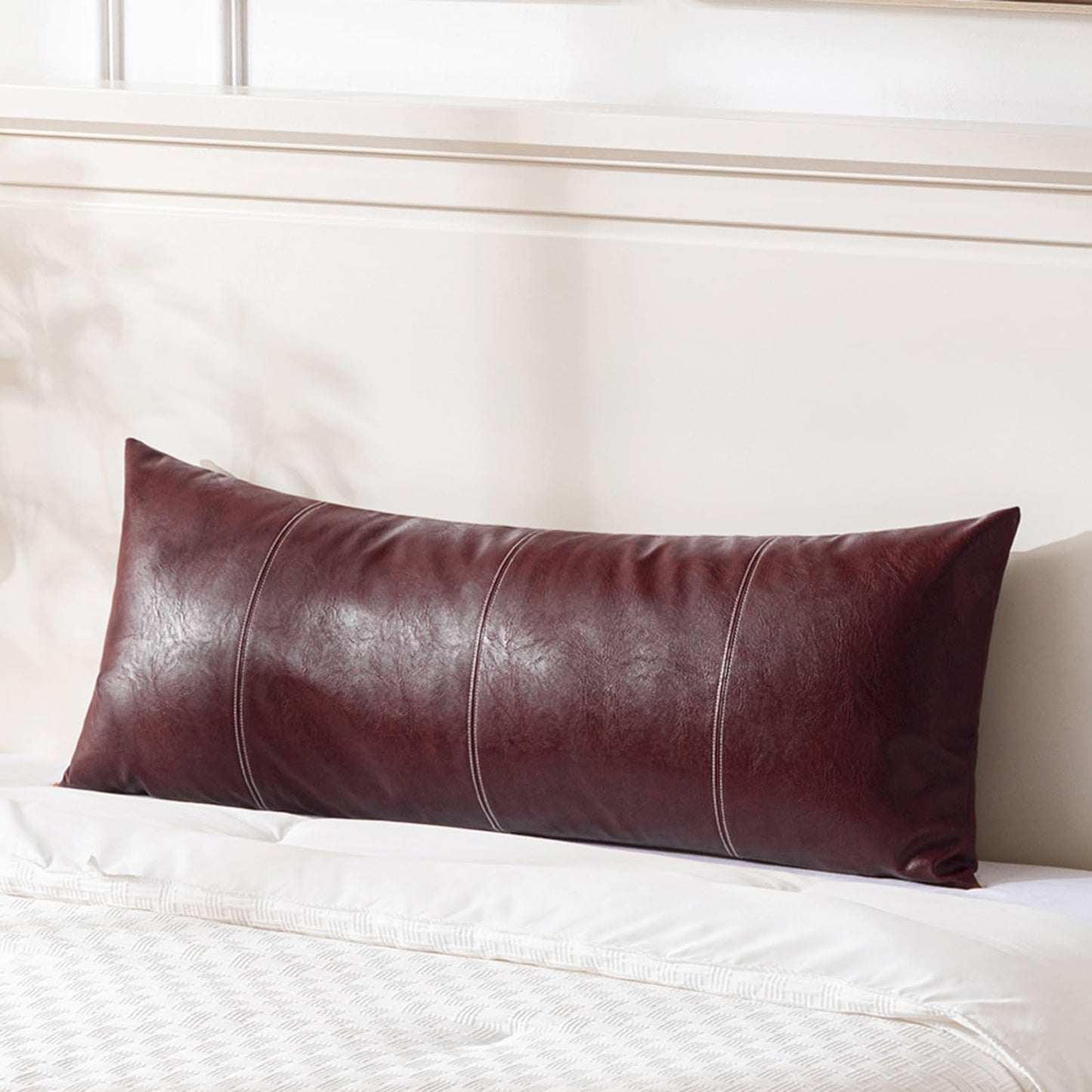 Fancy Homi Brown Boho Long Lumbar Faux Leather Body Decorative Throw Pillow Cover 14x36 Inch for Bedroom Couch Bed Bench, Thick Stylish Solid Rectangle Pillowcase, Rustic Modern Farmhouse Room Decor