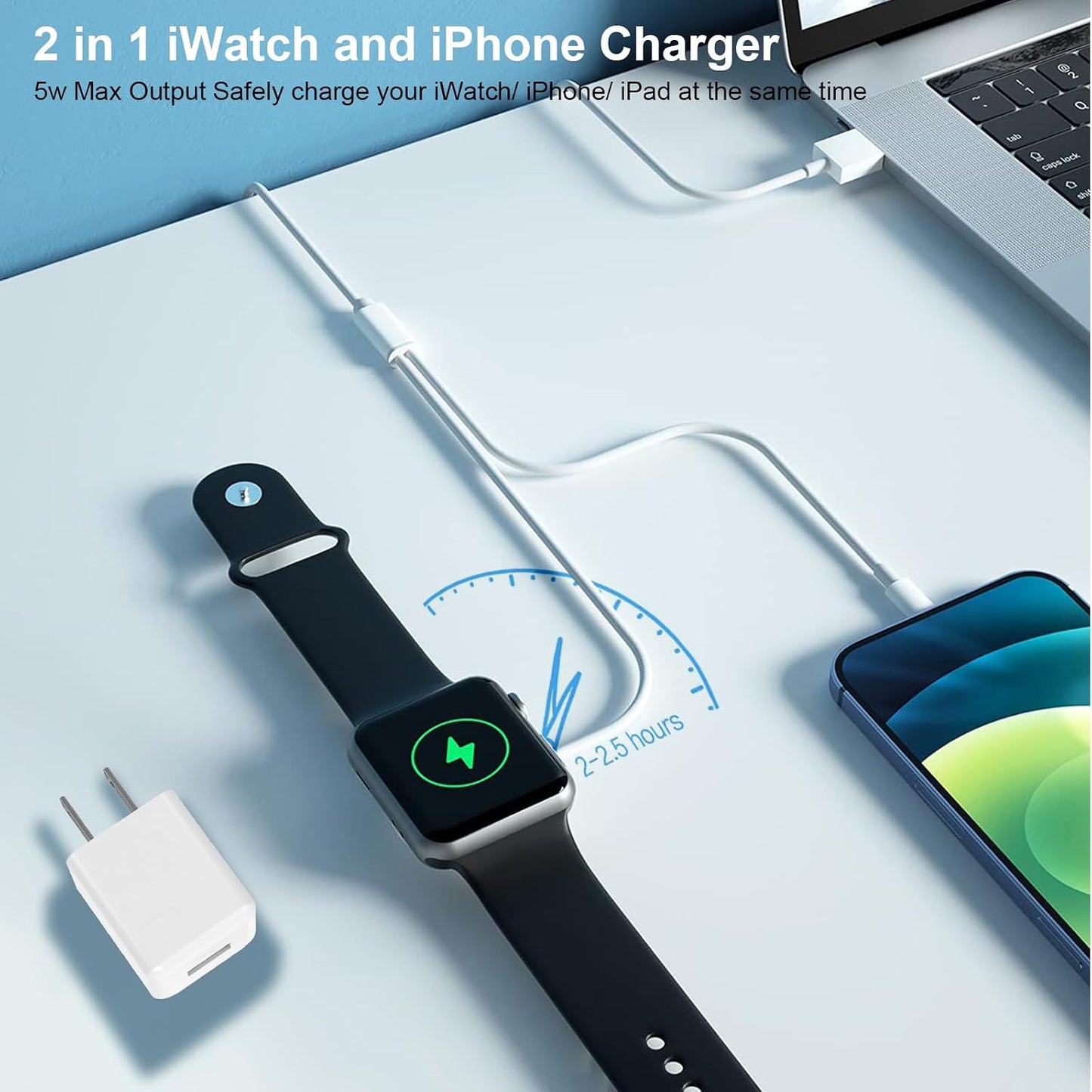 [Apple Certified] 2 in 1 iPhone and Watch Charger 6.6 FT Magnetic iWatch Charging Cable with USB Wall Block Travel Plug Charger for Apple Watch & iPhone