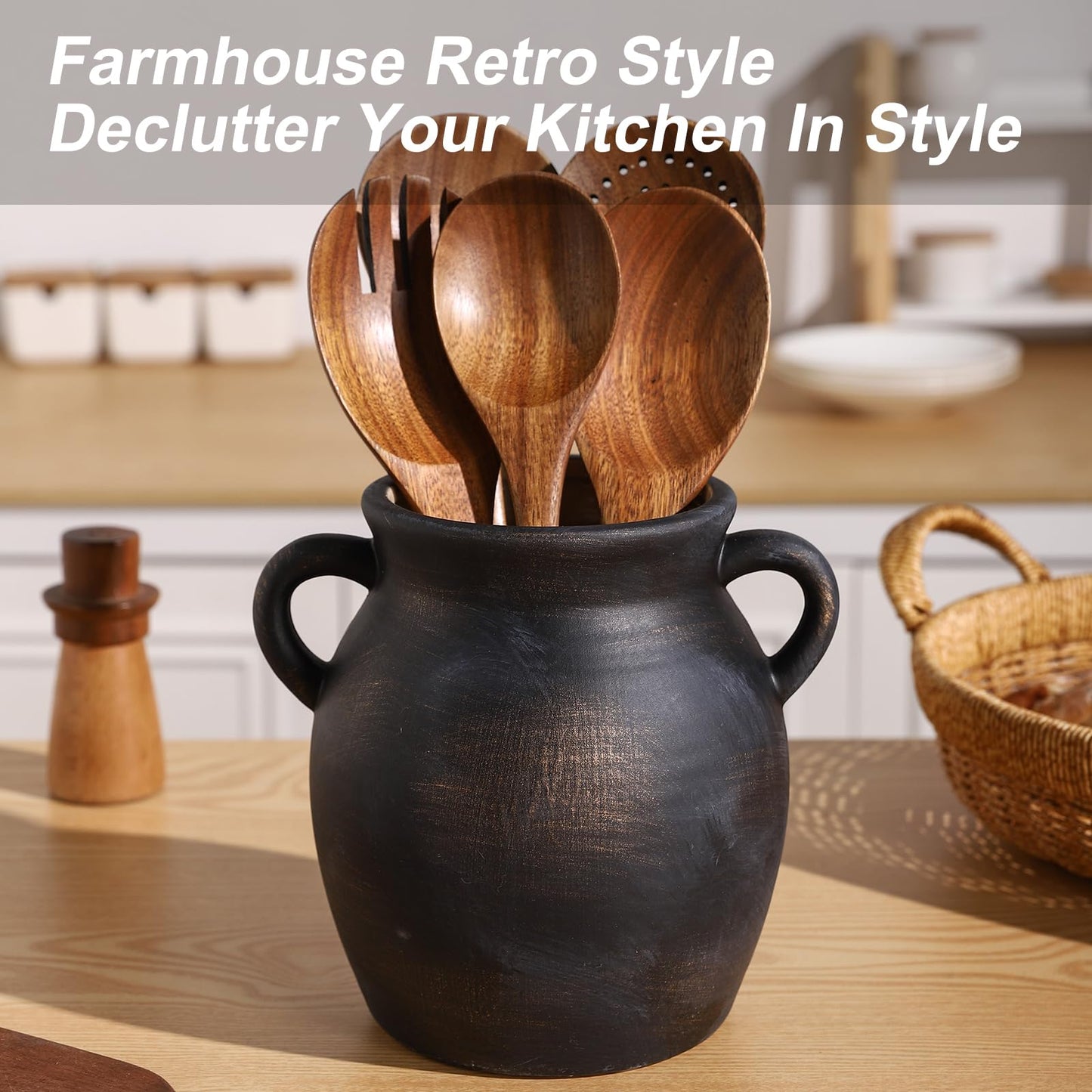 Ceramic Farmhouse Kitchen Utensil Holder for Countertop, Rustic Cooking Utensil Holder Crock Fit for Kitchen Counter.
