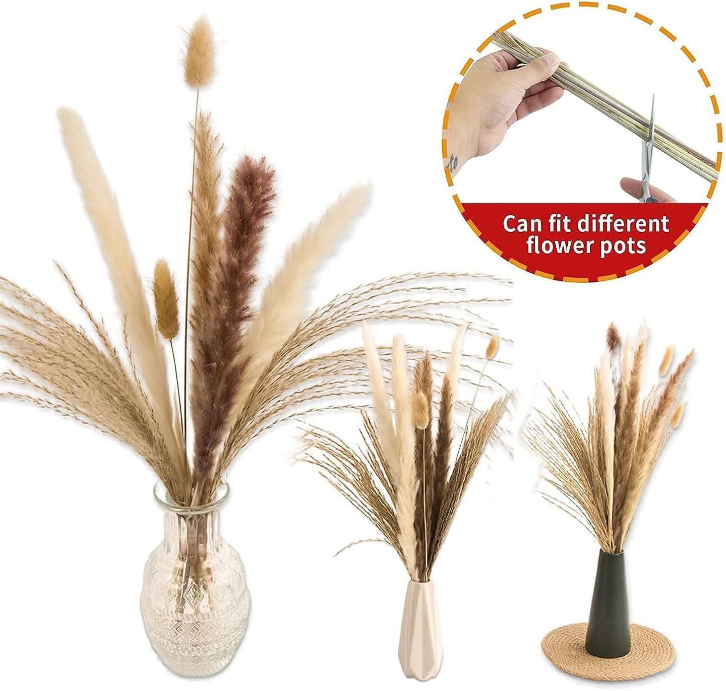 Dried Pampas Grass Decor, 100 Stems Pampas Grass Contains Bunny Tails Dried Flowers, Reed Grass Bouquet for Wedding Boho Flowers Home Table Decor, Rustic Farmhouse Party (17", White and Brown)