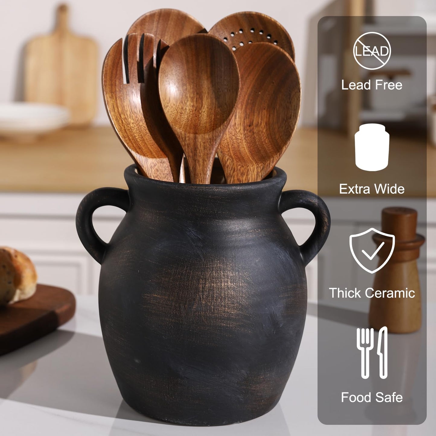 Ceramic Farmhouse Kitchen Utensil Holder for Countertop, Rustic Cooking Utensil Holder Crock Fit for Kitchen Counter.