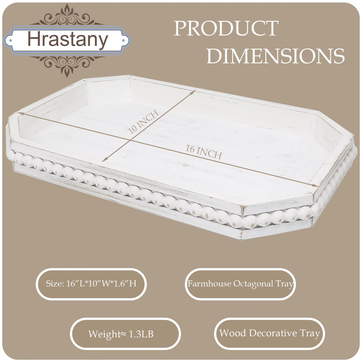 Hrastany Wood Rustic Serving Tray with Beads, Farmhouse Brown Decorative Tray for Table Centerpiece, Christmas Wedding Halloween Home Decor