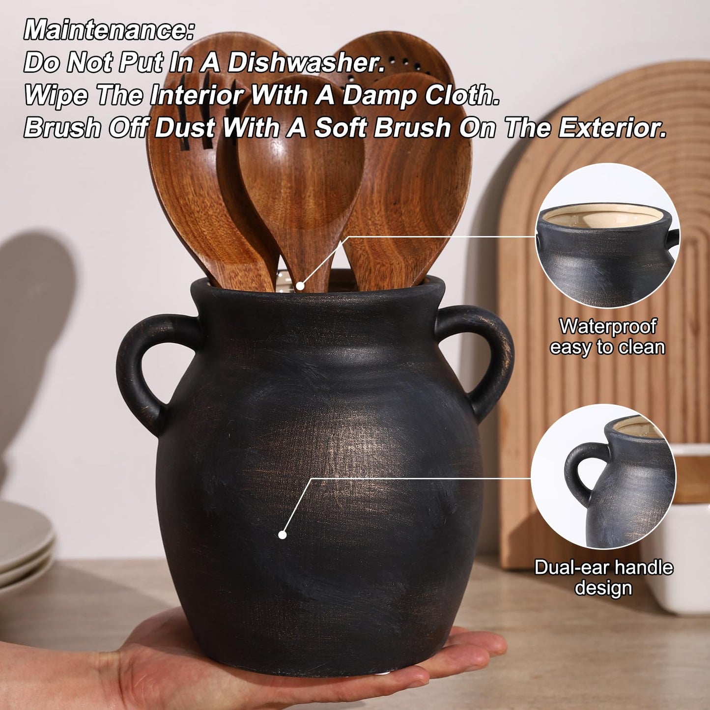 Ceramic Farmhouse Kitchen Utensil Holder for Countertop, Rustic Cooking Utensil Holder Crock Fit for Kitchen Counter.