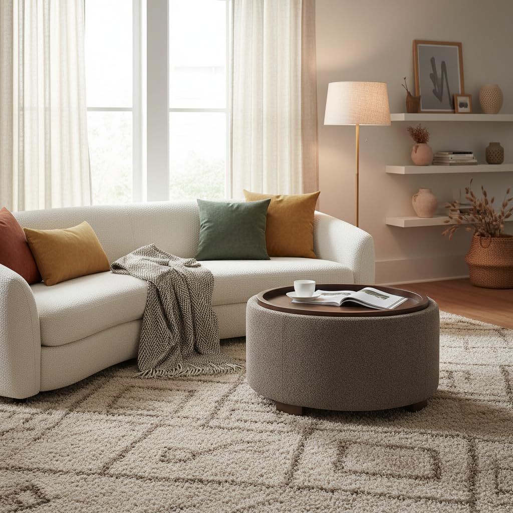Zihanhome 30 Inch Round Storage Ottoman, Ottoman Coffee Table with Lift Off Lid, Boucle Modern Ottomans with Storage for Living Room, Bedroom, Apartments (Green)