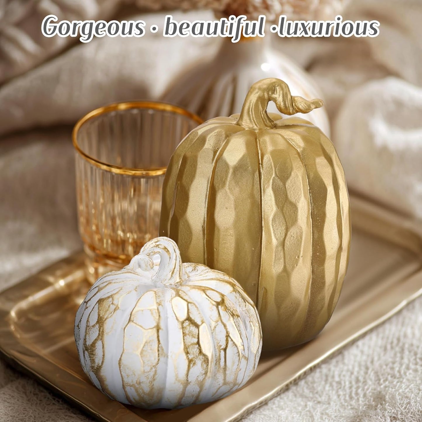 VioraWhite 3 Pack Fall Pumpkin Decor White Gold Resin Pumpkin Figurine
