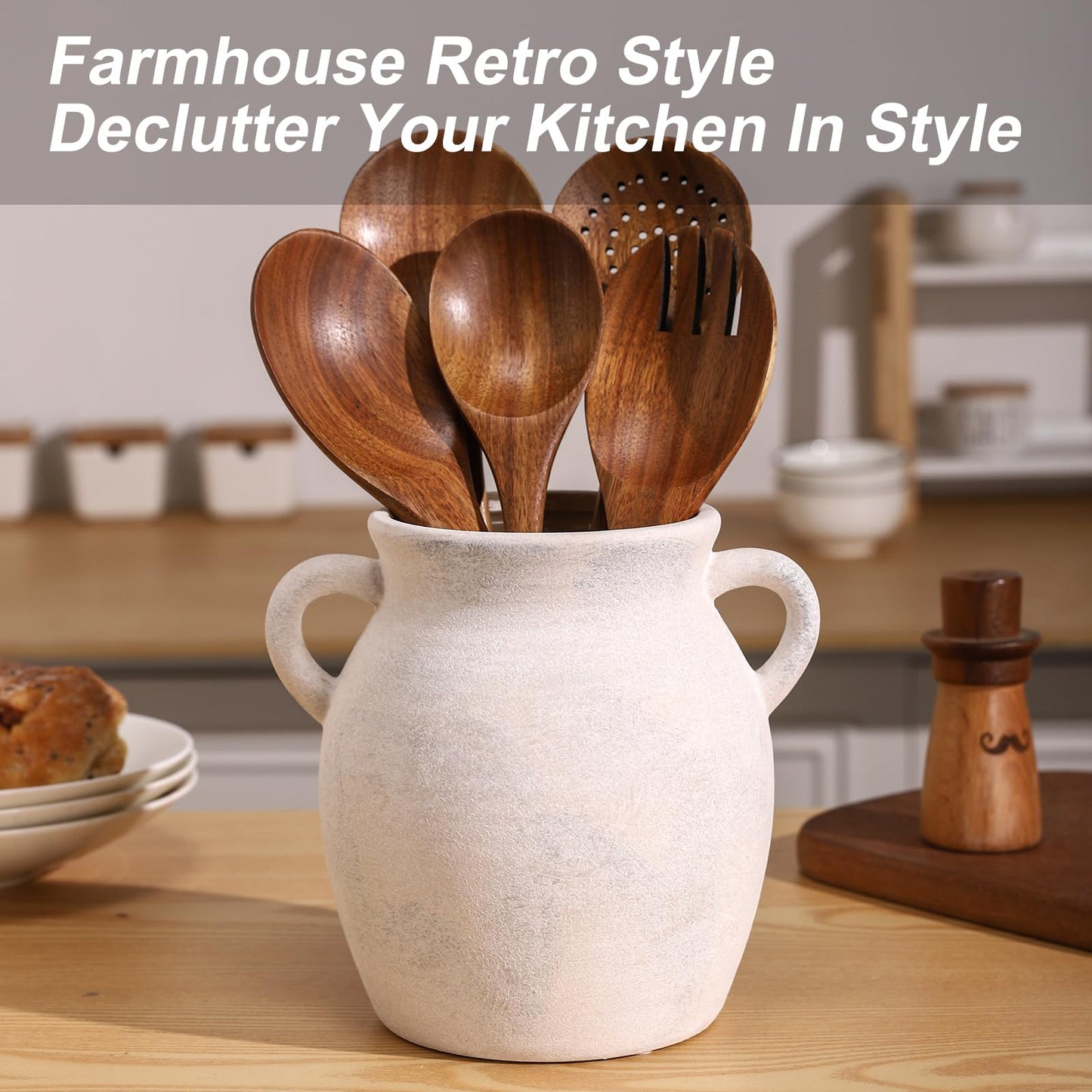 Ceramic Farmhouse Kitchen Utensil Holder for Countertop, Rustic Cooking Utensil Holder Crock Fit for Kitchen Counter.