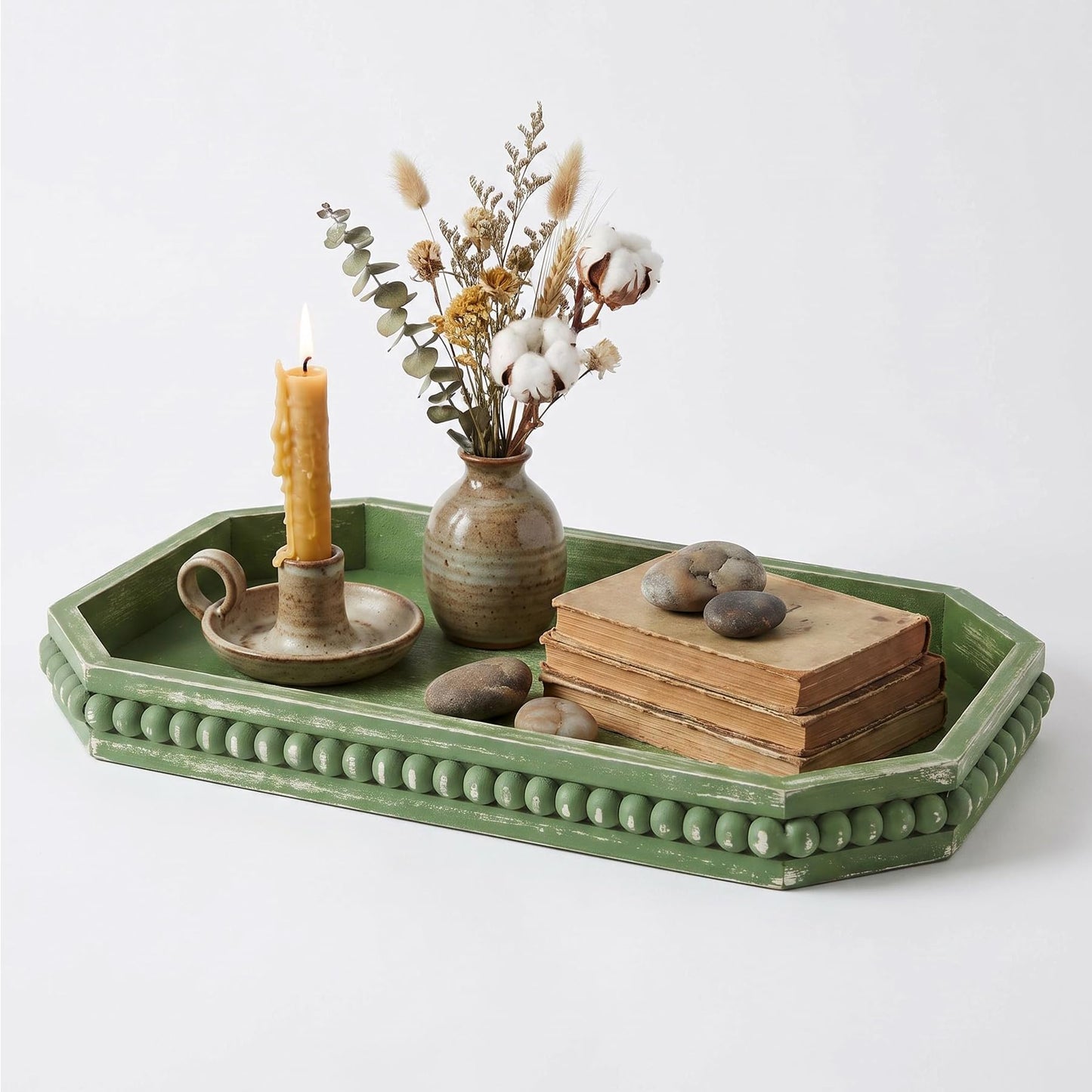 Hrastany Wood Rustic Serving Tray with Beads, Farmhouse Brown Decorative Tray for Table Centerpiece, Christmas Wedding Halloween Home Decor