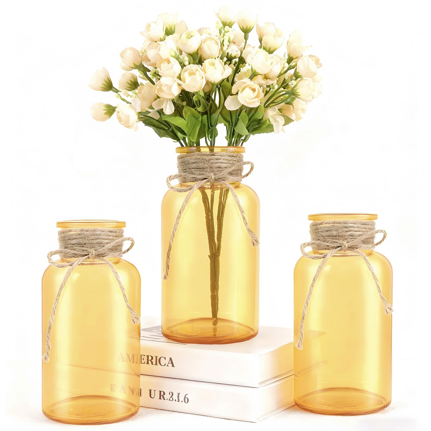 3 Pack Mason Jar Vases for Centerpieces, Amber Glass Flower Vase