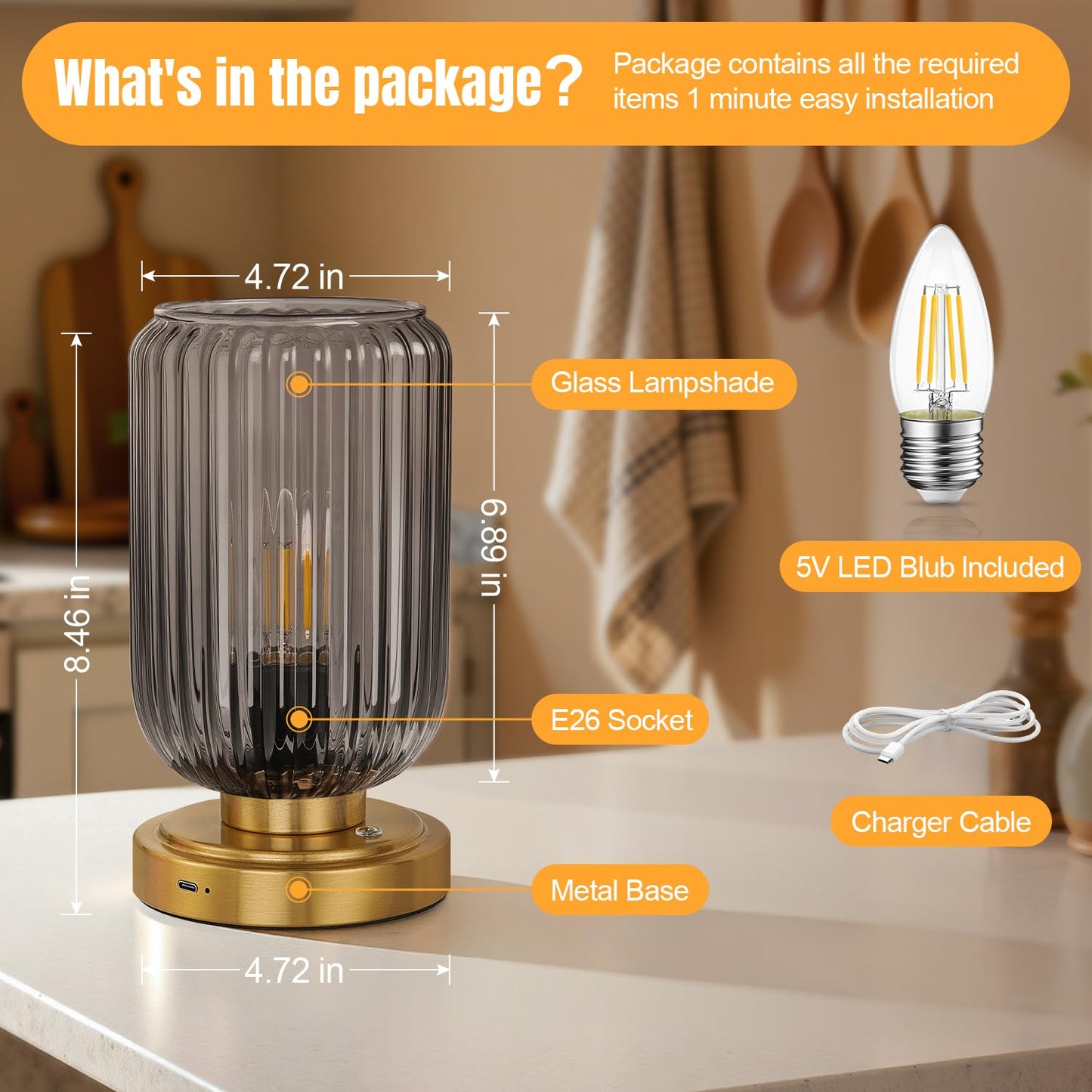 LightRound Cordless Table Lamp for Bedroom, Touch Stepless Dimmable, Modern