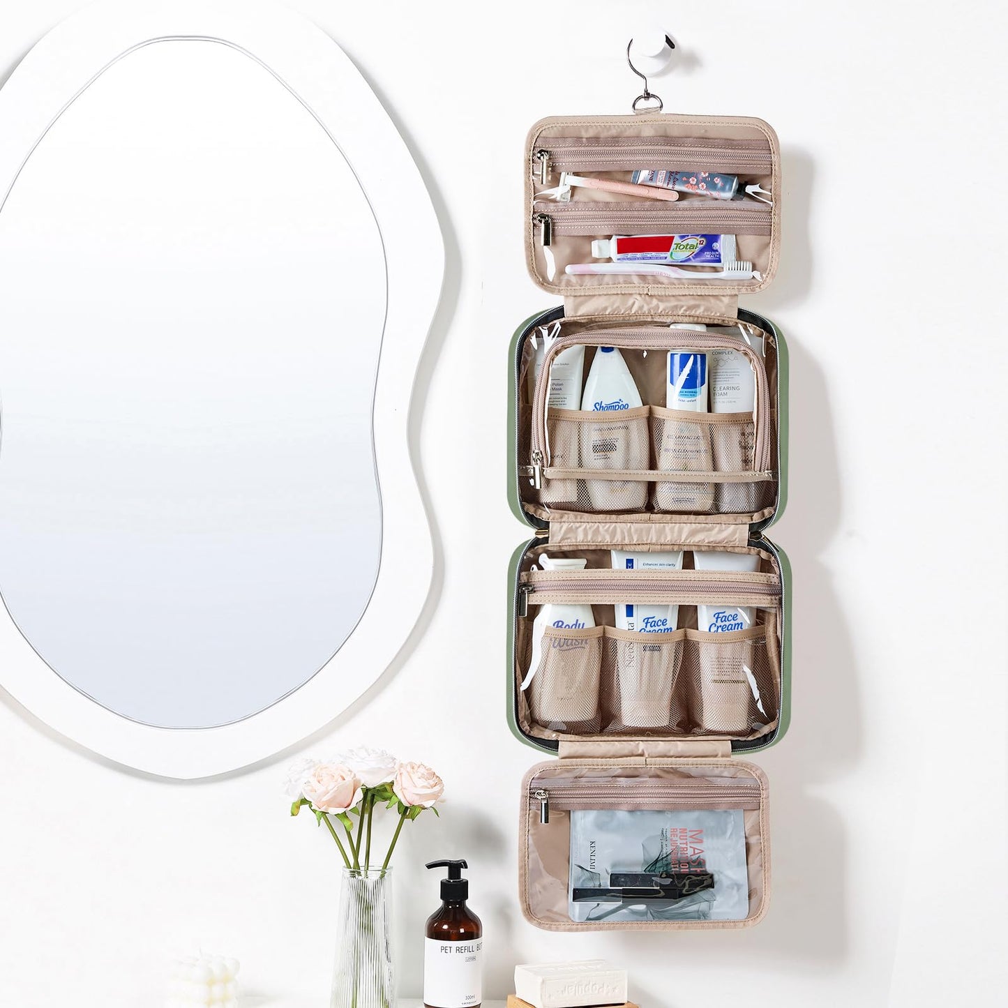 NISHEL Travel Toiletry Bag for women, Portable Hanging makeup Organizer