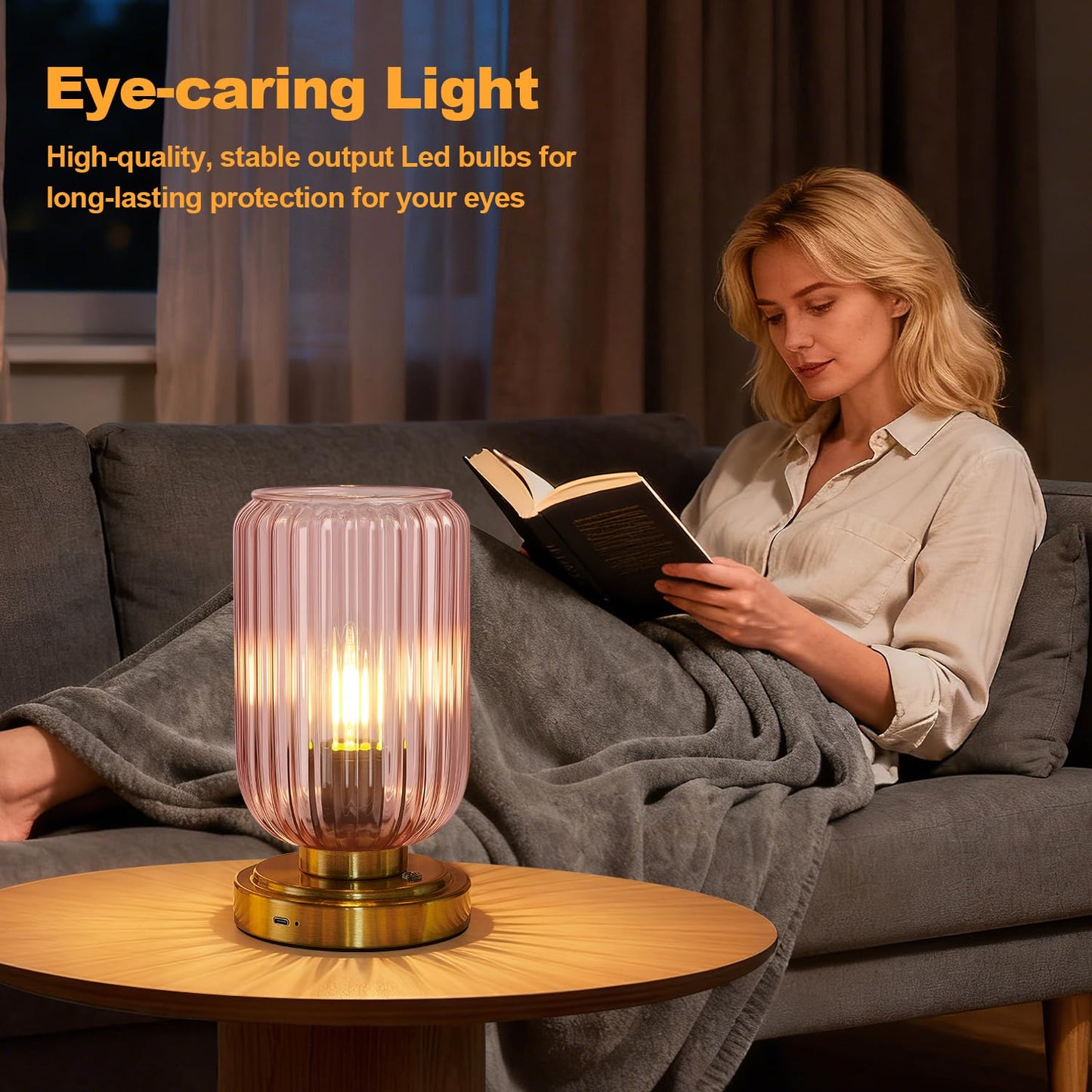 LightRound Cordless Table Lamp for Bedroom, Touch Stepless Dimmable, Modern
