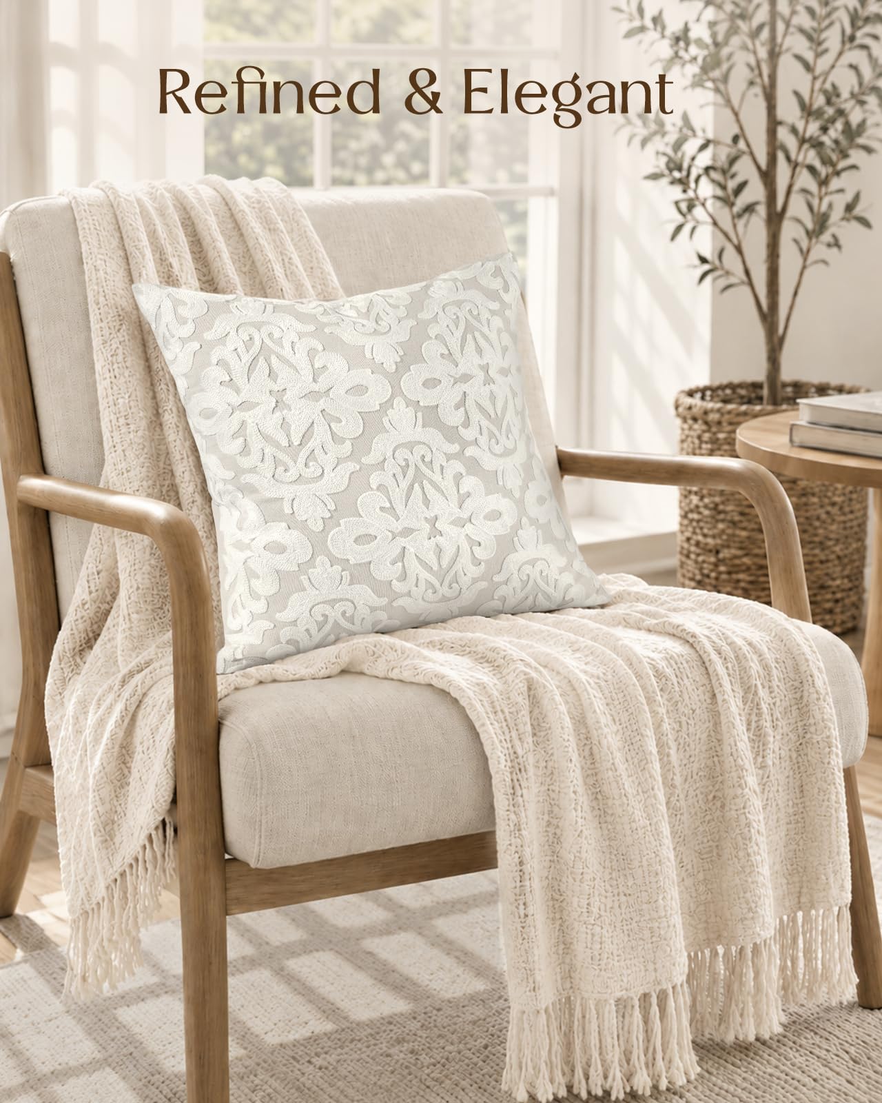 Linen Embroidered Throw Pillow Cover, 18x18 Inch, Khaki Bird