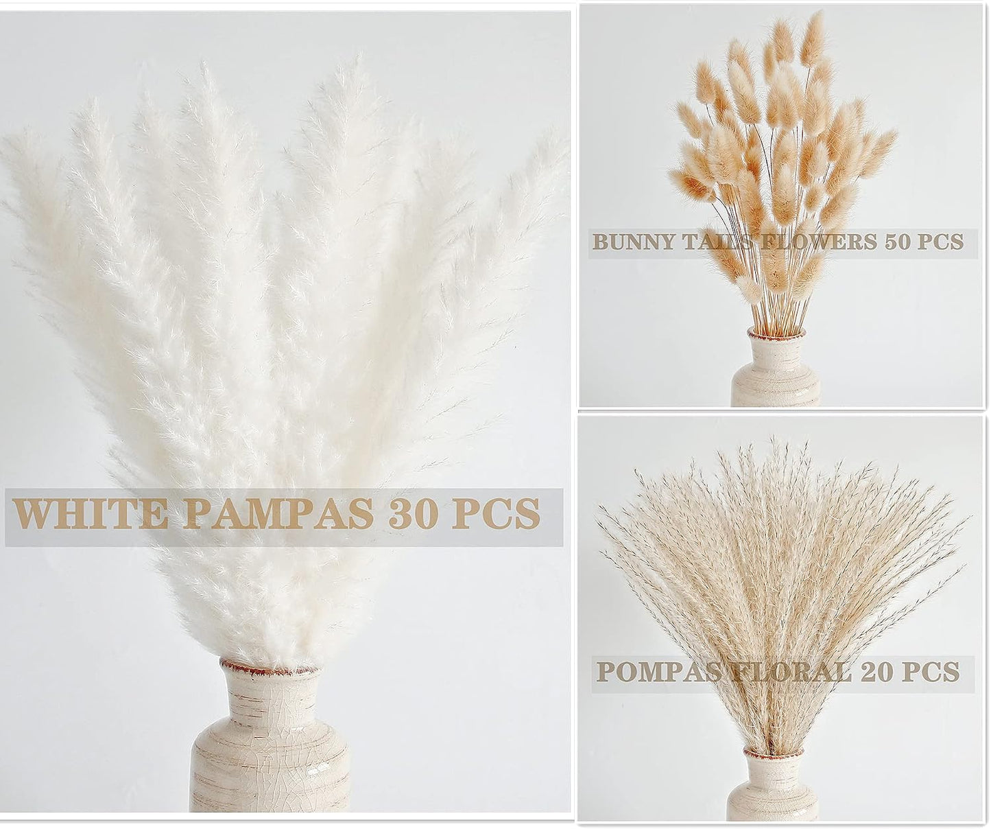 Dried Pampas Grass Decor, 100 Stems Pampas Grass Contains Bunny Tails Dried Flowers, Reed Grass Bouquet for Wedding Boho Flowers Home Table Decor, Rustic Farmhouse Party (17", White and Brown)