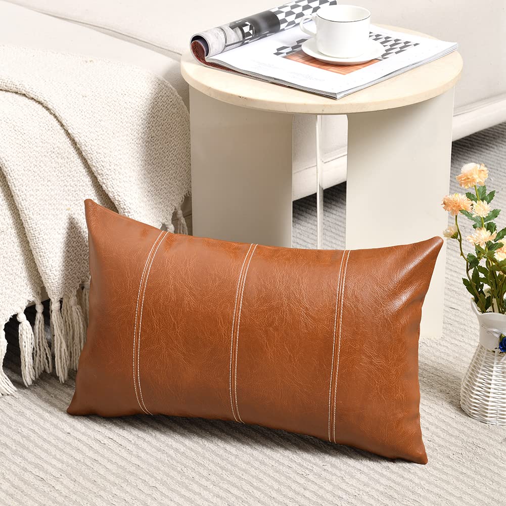 Fancy Homi Brown Boho Long Lumbar Faux Leather Body Decorative Throw Pillow Cover 14x36 Inch for Bedroom Couch Bed Bench, Thick Stylish Solid Rectangle Pillowcase, Rustic Modern Farmhouse Room Decor