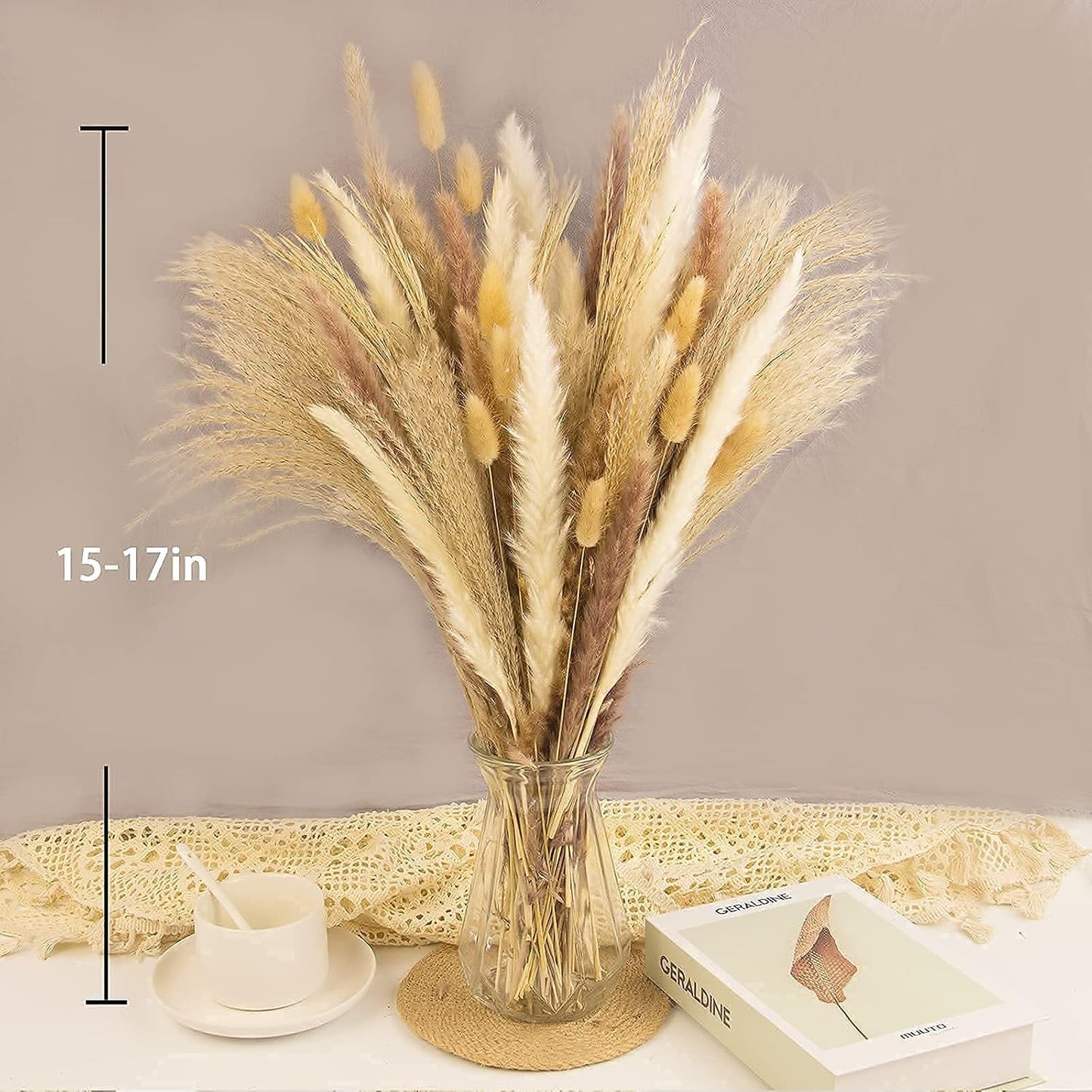 Dried Pampas Grass Decor, 100 Stems Pampas Grass Contains Bunny Tails Dried Flowers, Reed Grass Bouquet for Wedding Boho Flowers Home Table Decor, Rustic Farmhouse Party (17", White and Brown)