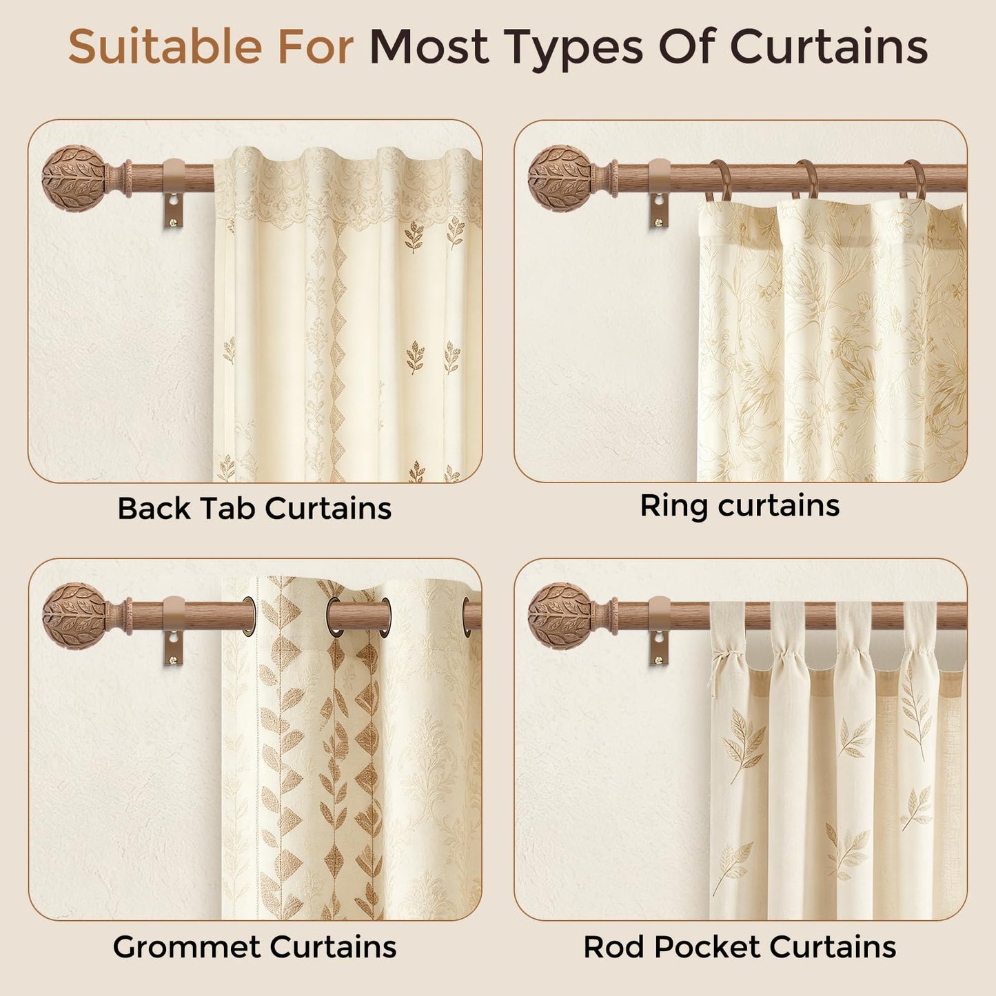 Curtain Rod 36-91 Inch, Boho Wood 1 Inch Curtain Rods for Windows