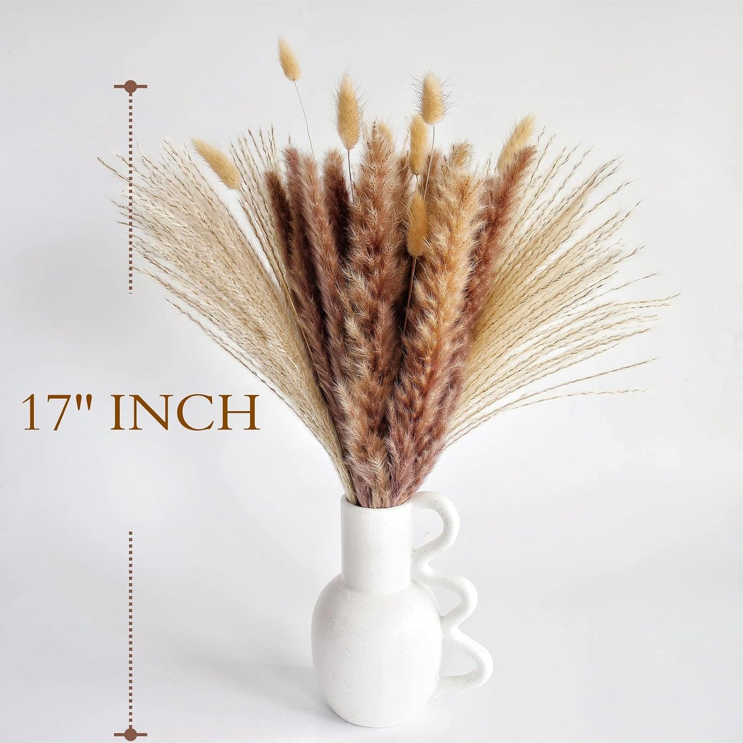 Dried Pampas Grass Decor, 100 Stems Pampas Grass Contains Bunny Tails Dried Flowers, Reed Grass Bouquet for Wedding Boho Flowers Home Table Decor, Rustic Farmhouse Party (17", White and Brown)