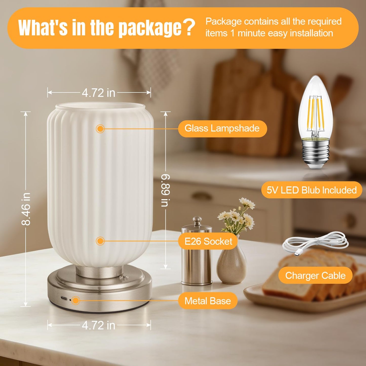 LightRound Cordless Table Lamp for Bedroom, Touch Stepless Dimmable, Modern