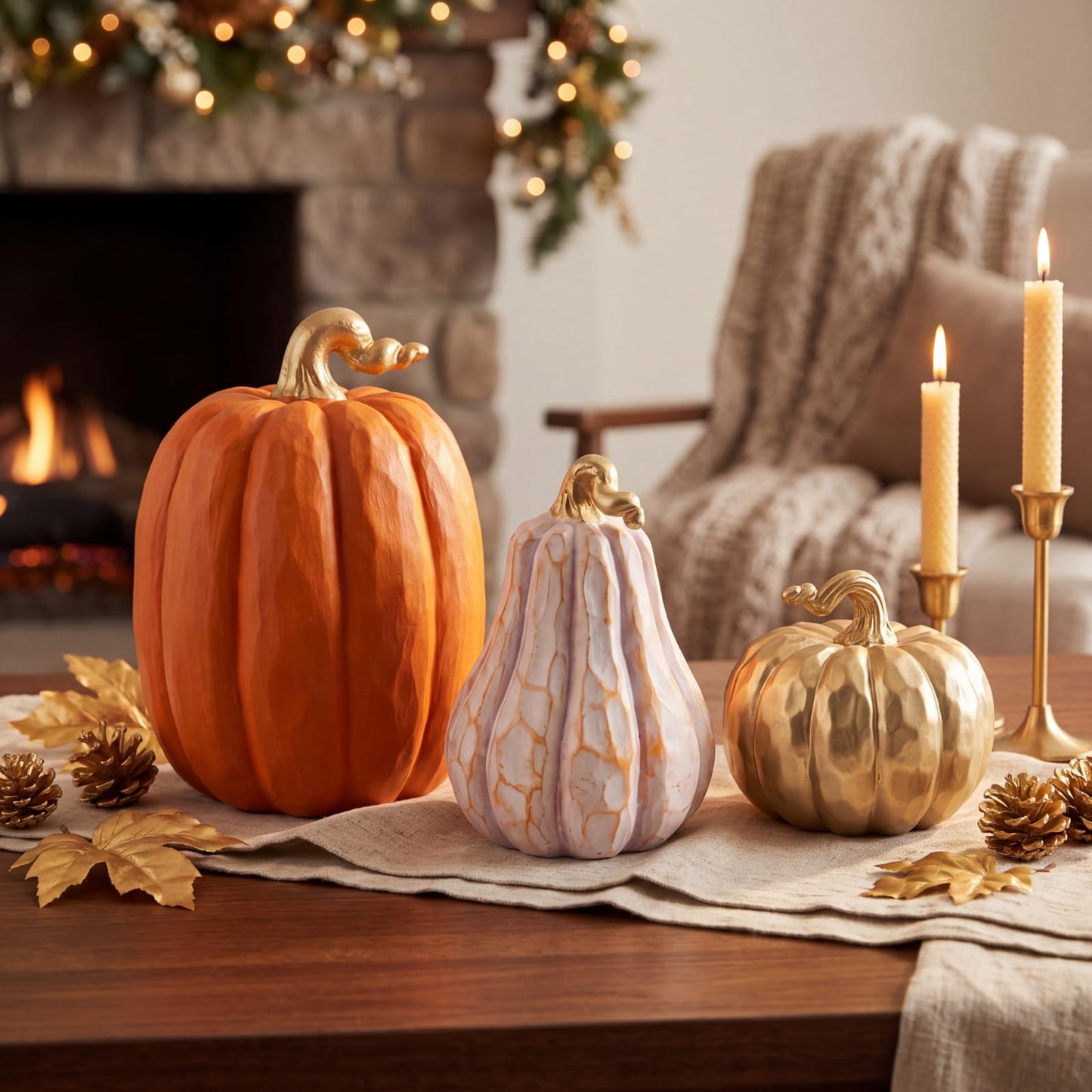 VioraWhite 3 Pack Fall Pumpkin Decor White Gold Resin Pumpkin Figurine