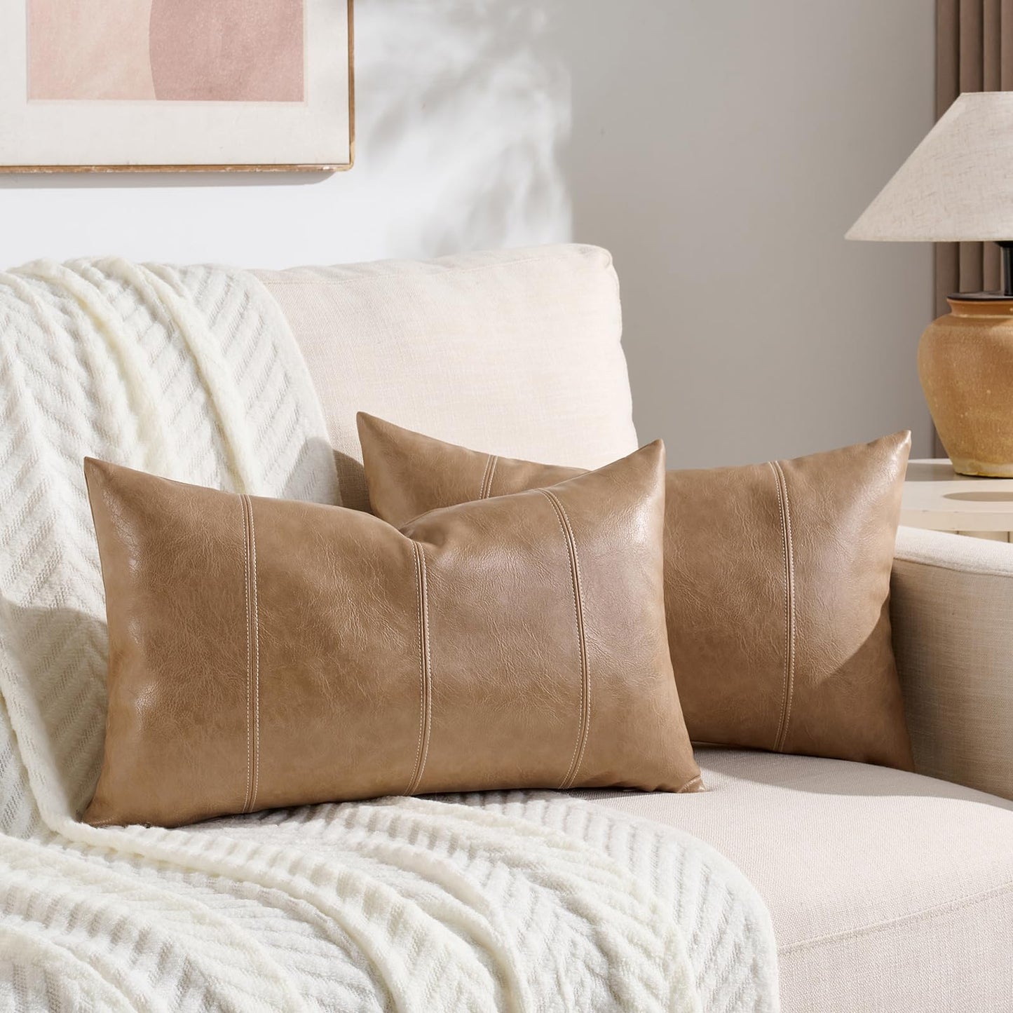 Fancy Homi Brown Boho Long Lumbar Faux Leather Body Decorative Throw Pillow Cover 14x36 Inch for Bedroom Couch Bed Bench, Thick Stylish Solid Rectangle Pillowcase, Rustic Modern Farmhouse Room Decor
