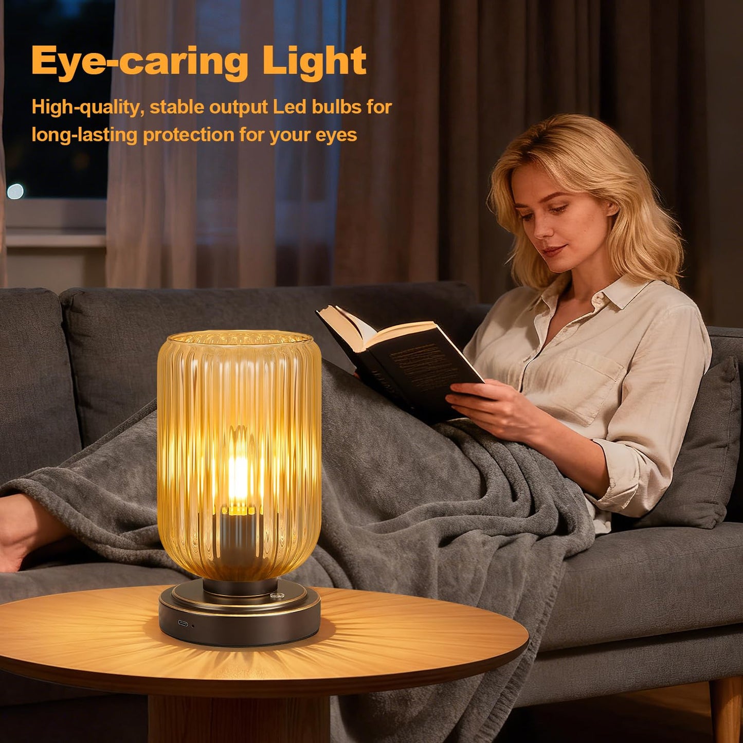 LightRound Cordless Table Lamp for Bedroom, Touch Stepless Dimmable, Modern