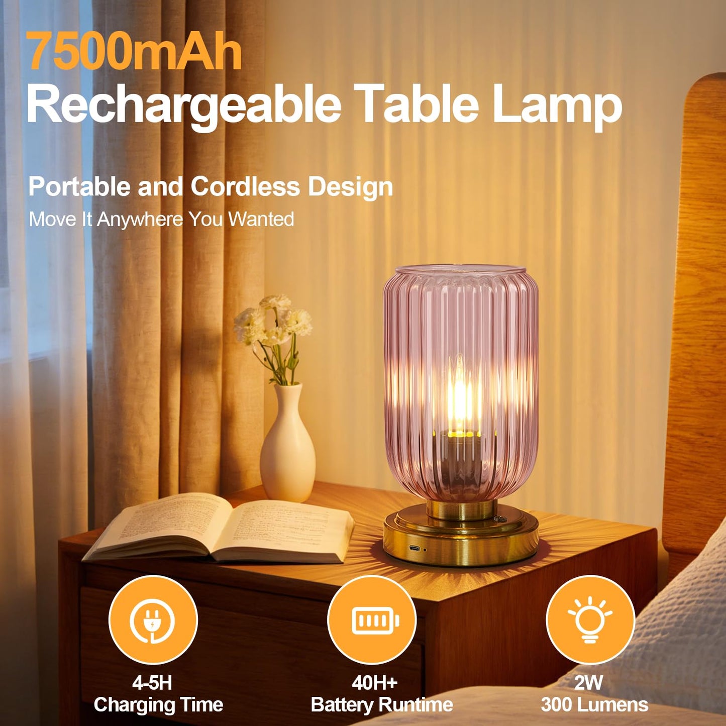 LightRound Cordless Table Lamp for Bedroom, Touch Stepless Dimmable, Modern
