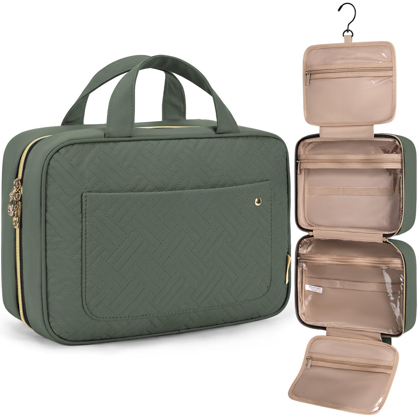BAGSMART Toiletry Bag Travel Bag with Hanging Hook, Water-resistant Makeup Cosmetic Bag Travel Organizer for Accessories, Shampoo, Full-size Container, Toiletries (Green Checkerboard, Large)