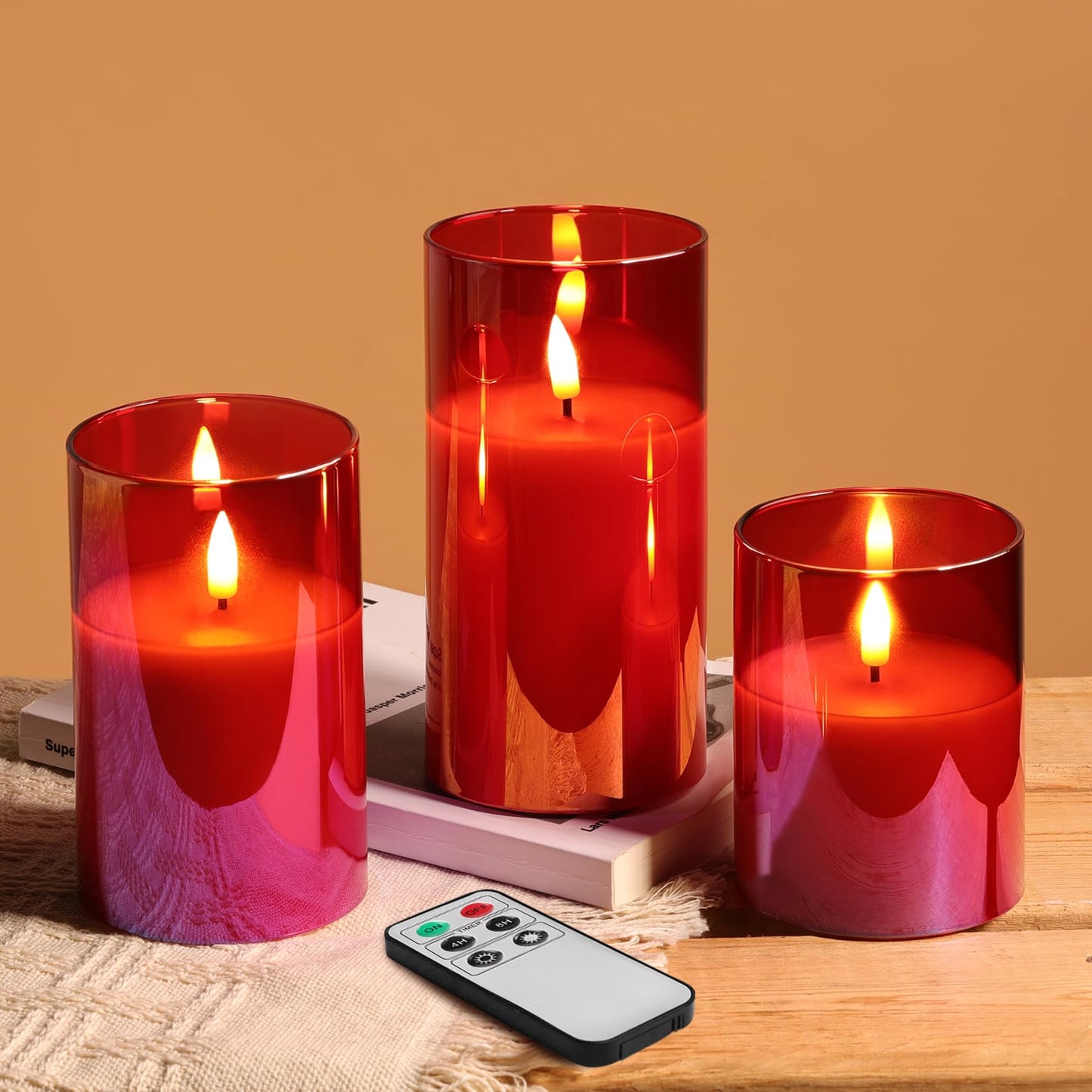 Eywamage Gold Glass Flameless Pillar Candles with Remote, Flickering Fall LED Candles Battery Operated Set of 3