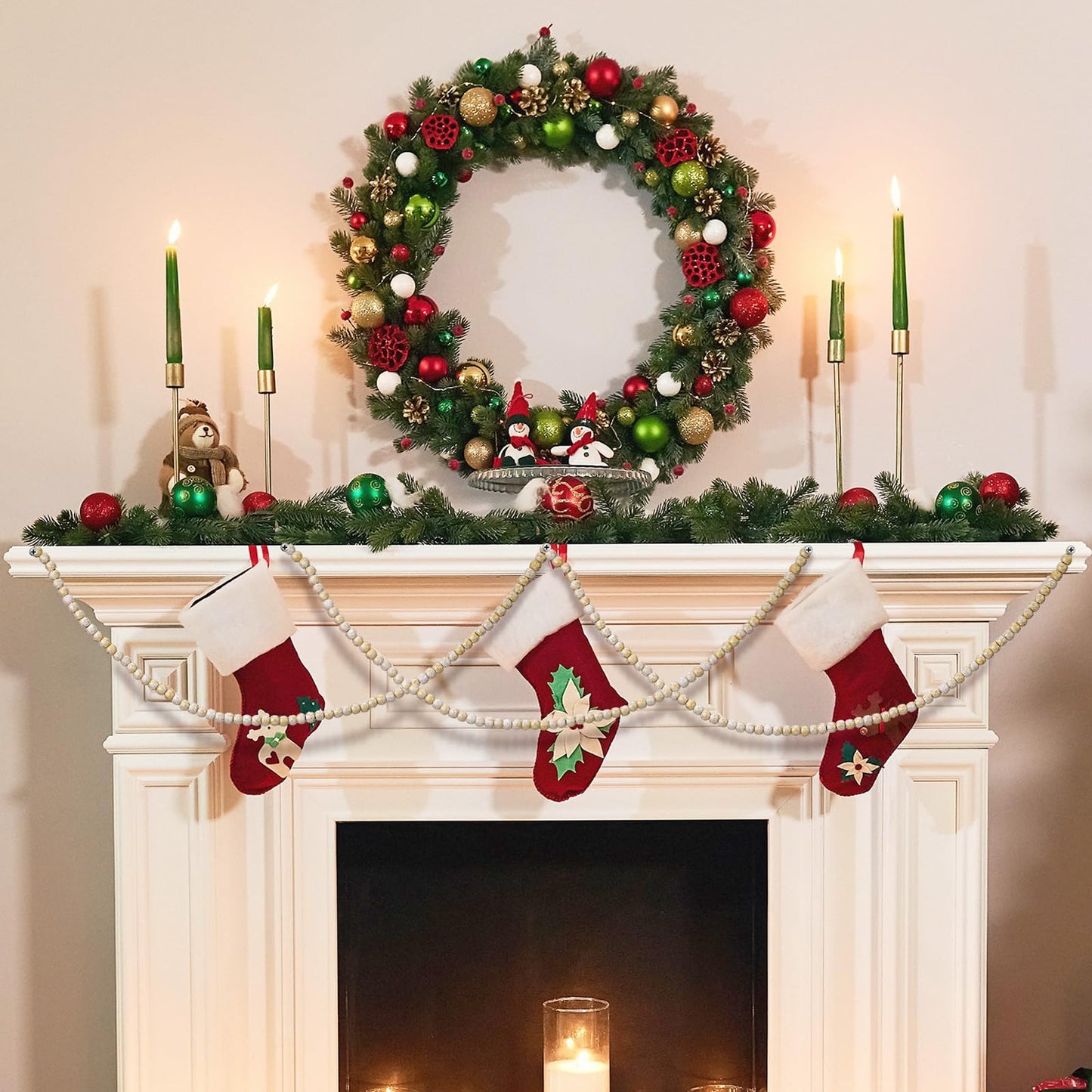WILLBOND 16 Feet Wood Bead Garland Christmas Tree, Wood Color