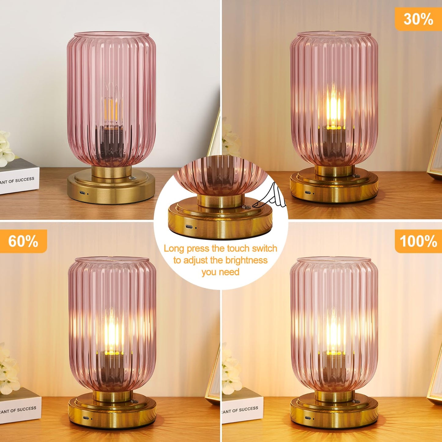 LightRound Cordless Table Lamp for Bedroom, Touch Stepless Dimmable, Modern