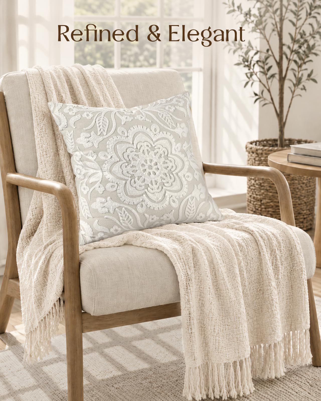 Linen Embroidered Throw Pillow Cover, 18x18 Inch, Khaki Bird