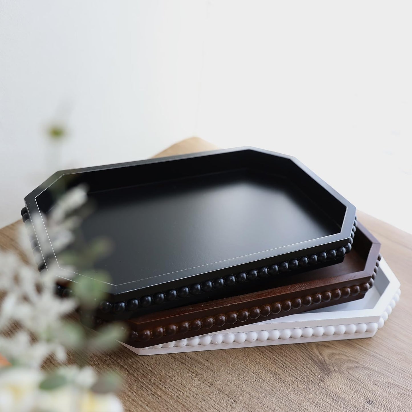 Hrastany Wood Rustic Serving Tray with Beads, Farmhouse Brown Decorative Tray for Table Centerpiece, Christmas Wedding Halloween Home Decor
