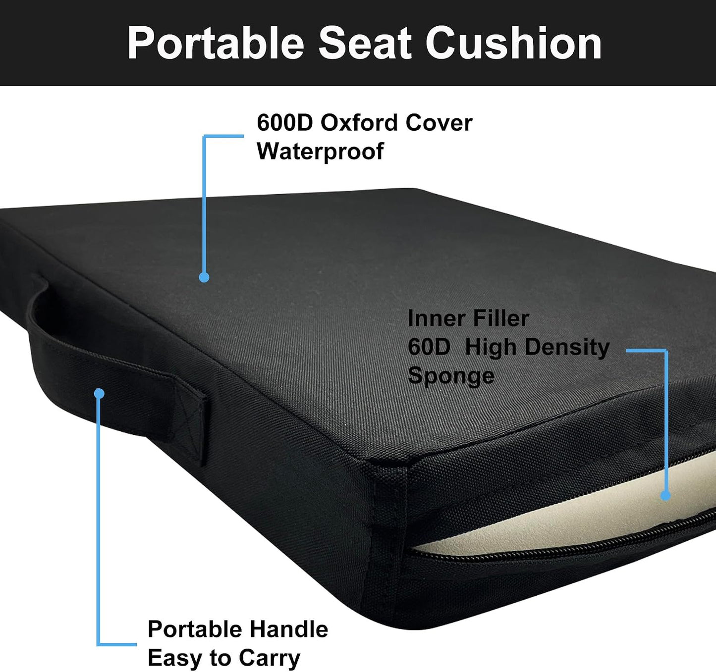 Stadium Seat Cushions 2-Pack 3-Pack, Portable Bleacher Cushions, Waterproof Oxford Fabric, Zipper Design, (Black, 2-Pack)