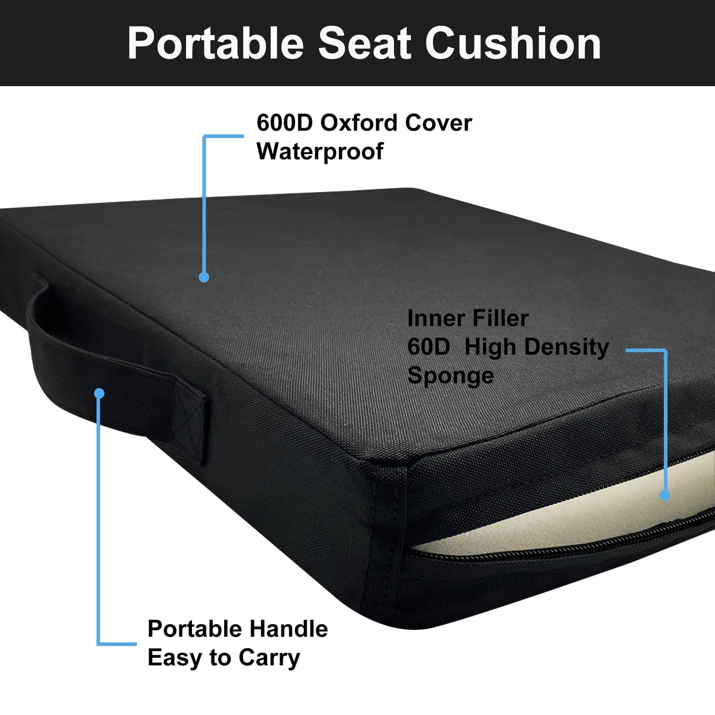 Stadium Seat Cushions 2-Pack 3-Pack, Portable Bleacher Cushions, Waterproof Oxford Fabric, Zipper Design, (Black, 2-Pack)