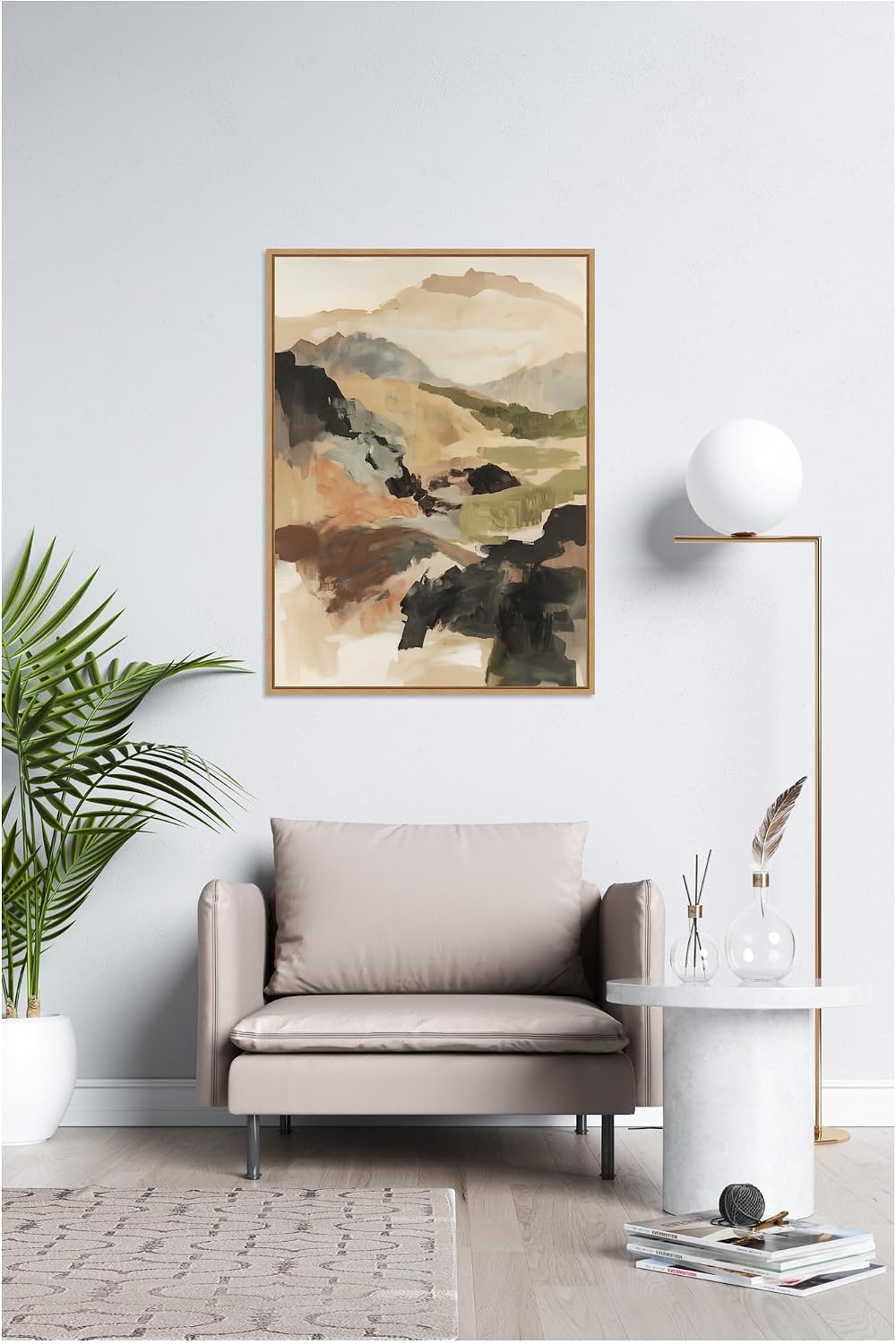 Kate and Laurel Tonal Mountains II Framed Canvas Wall Art by Amy Lighthall 28 x 38 Sylvie Natural, Modern, Abstract, Landscapes, Nature Art for Wall Decor, Living Room, Bedroom
