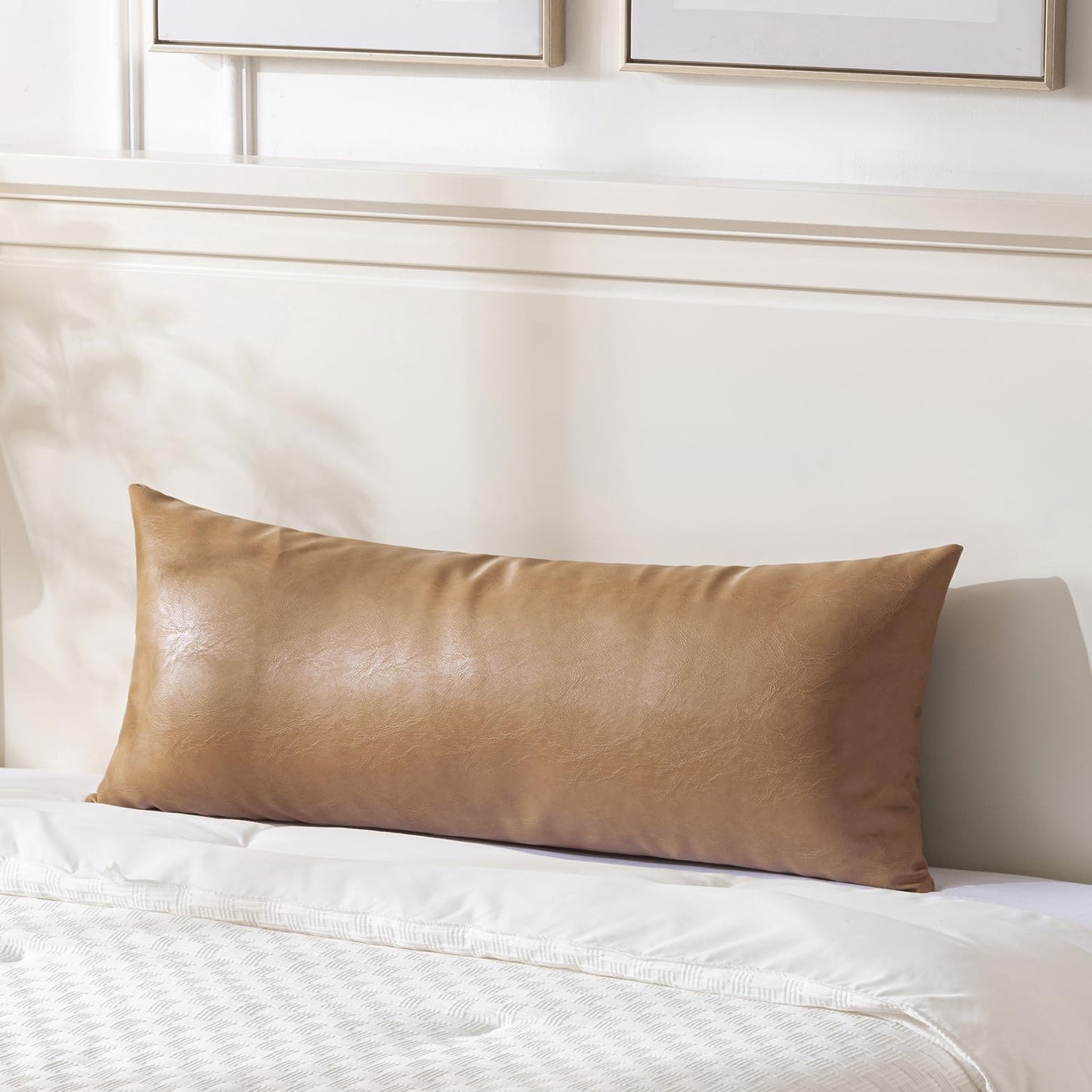 Fancy Homi Brown Boho Long Lumbar Faux Leather Body Decorative Throw Pillow Cover 14x36 Inch for Bedroom Couch Bed Bench, Thick Stylish Solid Rectangle Pillowcase, Rustic Modern Farmhouse Room Decor