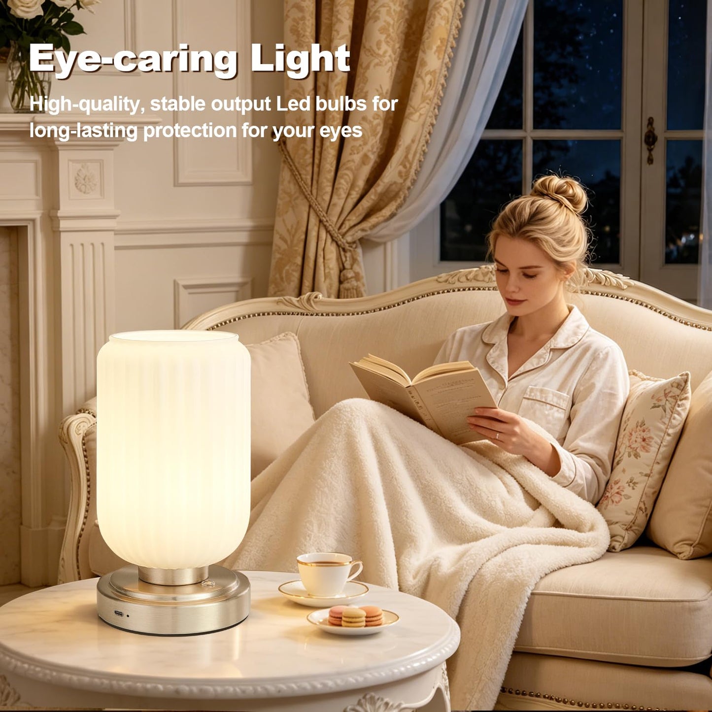 LightRound Cordless Table Lamp for Bedroom, Touch Stepless Dimmable, Modern