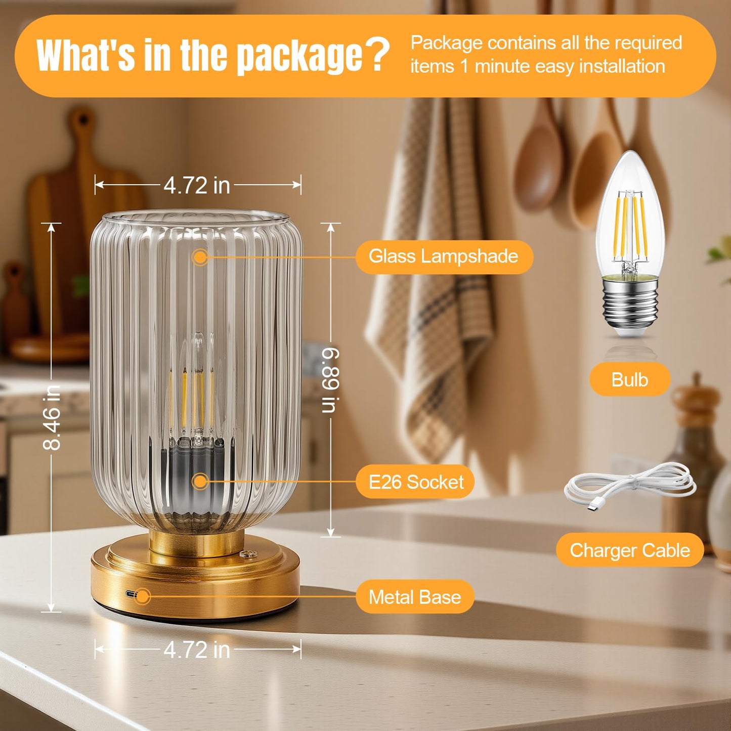 LightRound Cordless Table Lamp for Bedroom, Touch Stepless Dimmable, Modern