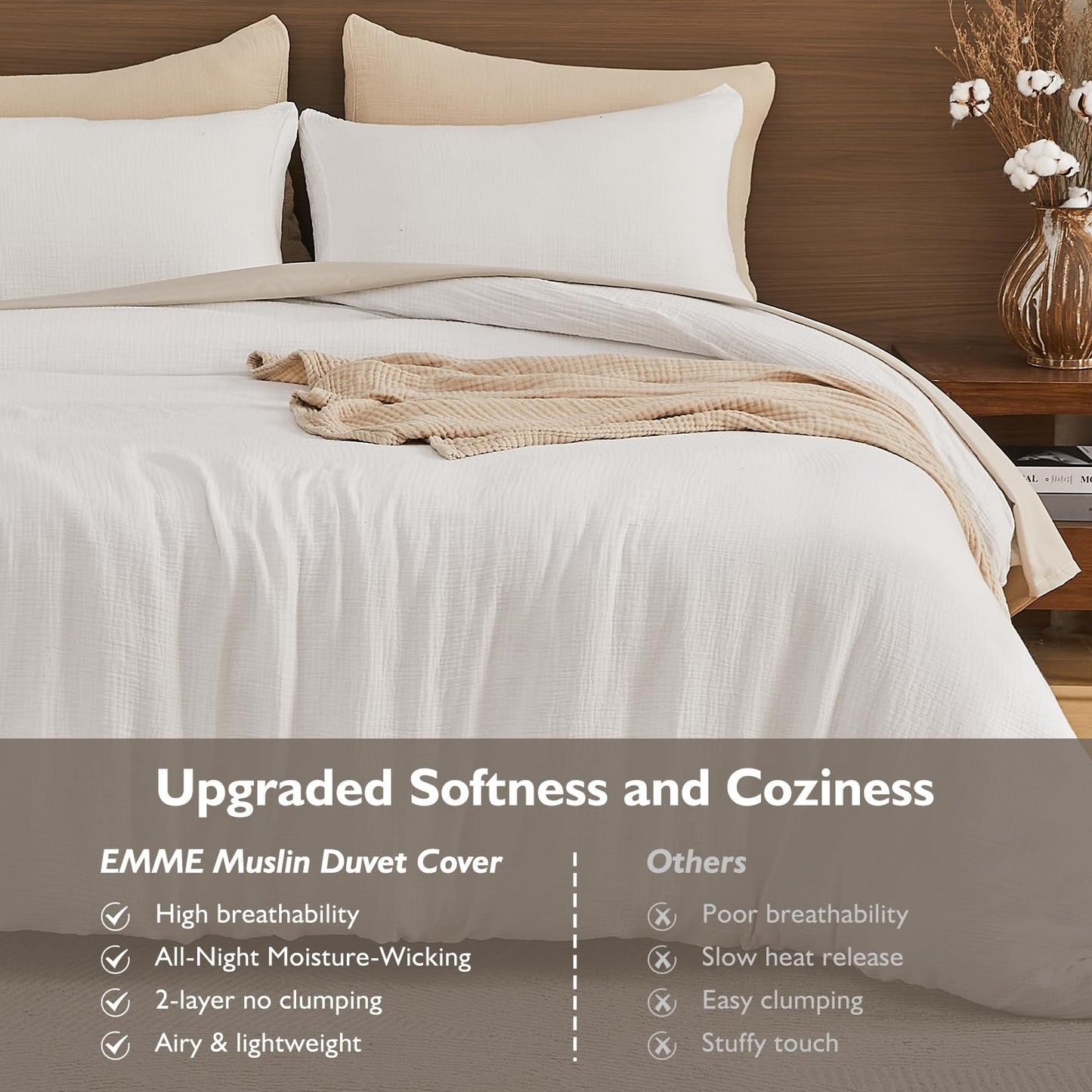 EMME Muslin Cotton Duvet Cover Set Linen Like Beige Queen