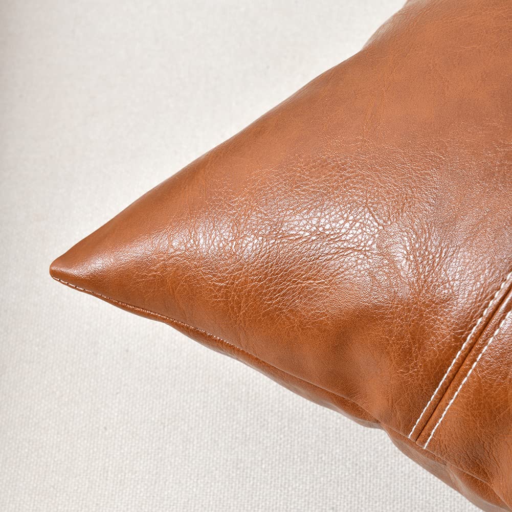 Fancy Homi Brown Boho Long Lumbar Faux Leather Body Decorative Throw Pillow Cover 14x36 Inch for Bedroom Couch Bed Bench, Thick Stylish Solid Rectangle Pillowcase, Rustic Modern Farmhouse Room Decor