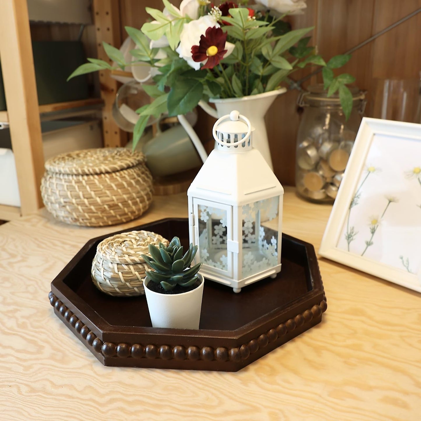 Hrastany Wood Rustic Serving Tray with Beads, Farmhouse Brown Decorative Tray for Table Centerpiece, Christmas Wedding Halloween Home Decor