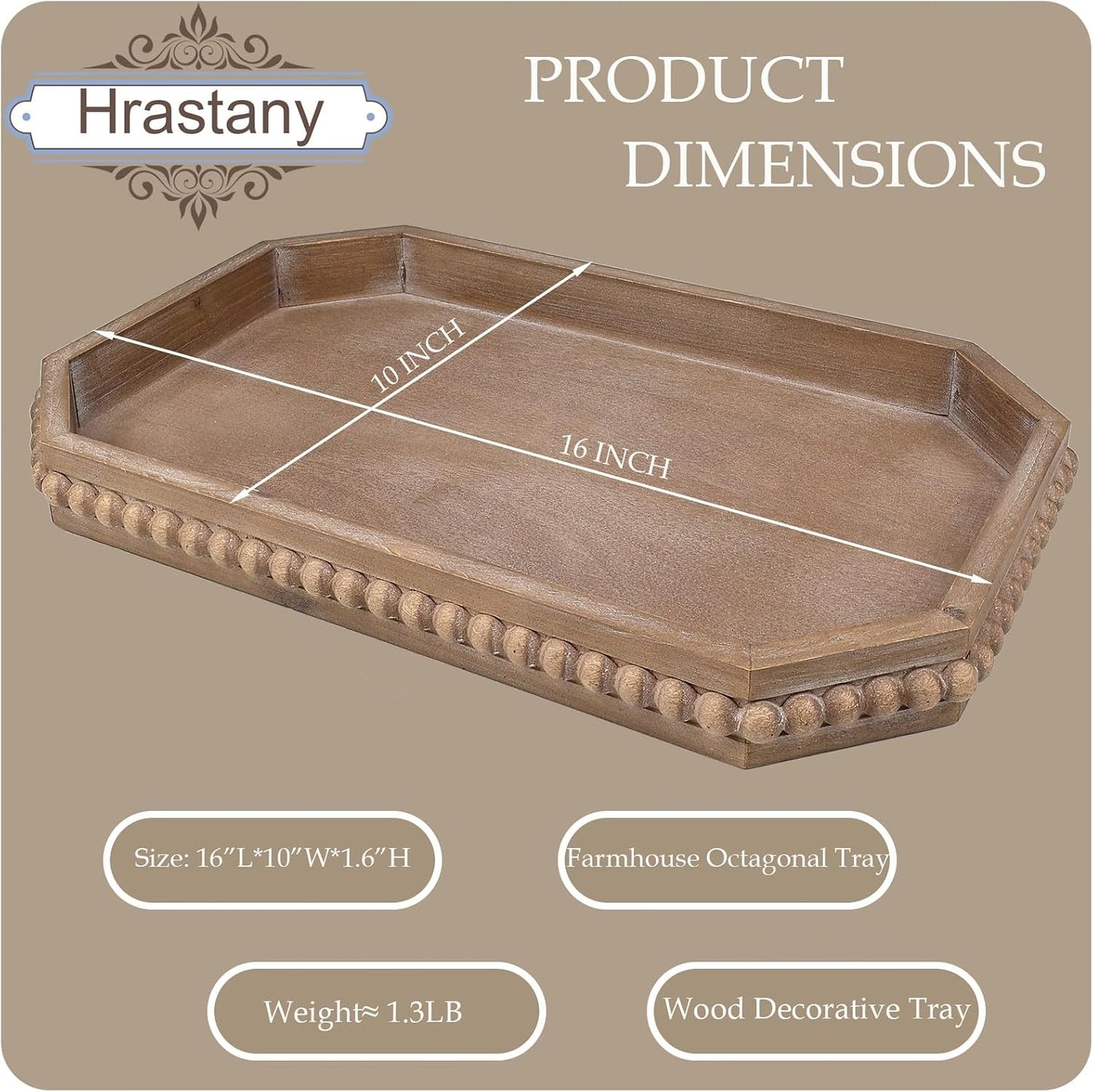 Hrastany Wood Rustic Serving Tray with Beads, Farmhouse Brown Decorative Tray for Table Centerpiece, Christmas Wedding Halloween Home Decor