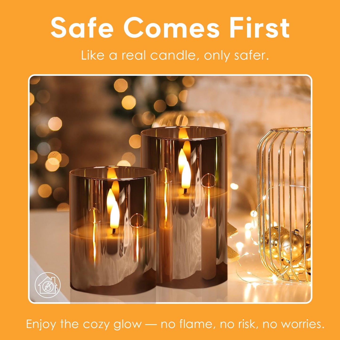Eywamage Gold Glass Flameless Pillar Candles with Remote, Flickering Fall LED Candles Battery Operated Set of 3