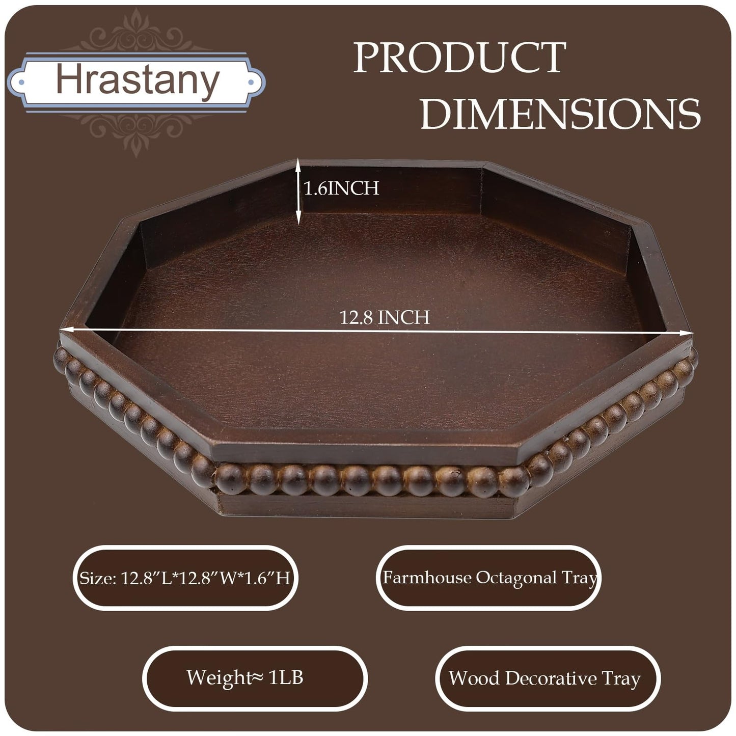Hrastany Wood Rustic Serving Tray with Beads, Farmhouse Brown Decorative Tray for Table Centerpiece, Christmas Wedding Halloween Home Decor