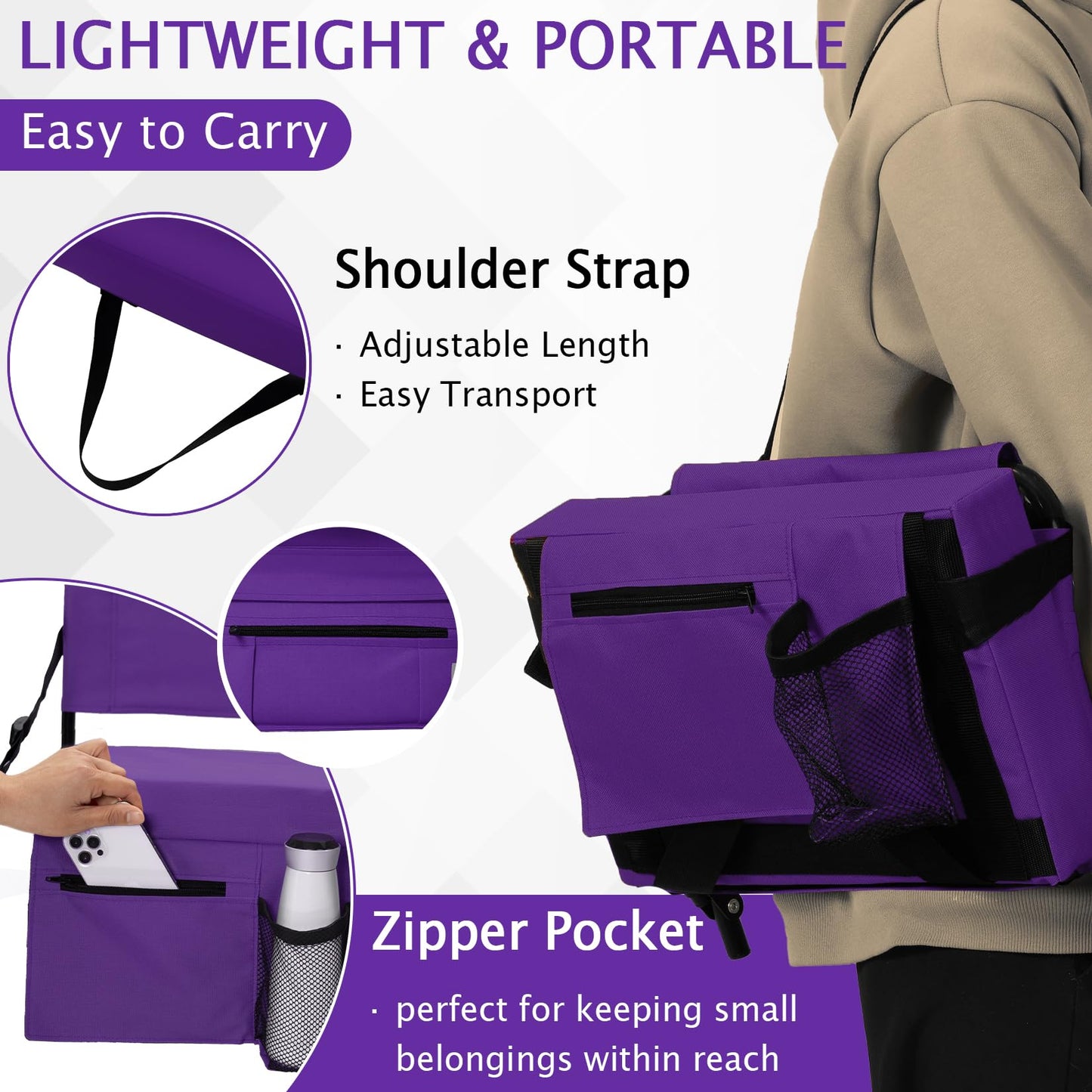 2pcs Stadium Seat for Bleachers with Back Support，Portable Bleacher Chairs with Back and Cushion，Includes Shoulder Strap and Cup Holder
